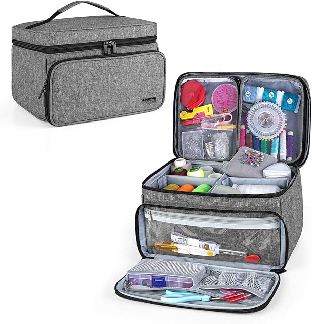 Luxja Sewing Accessories Organiser, Sewing Supplies Organiser with 2 Detachable Clear Pockets, Sewing Organiser Bag for Thread, Needles, Scissors and Other Sewing Tools (Patent Pending), Grey