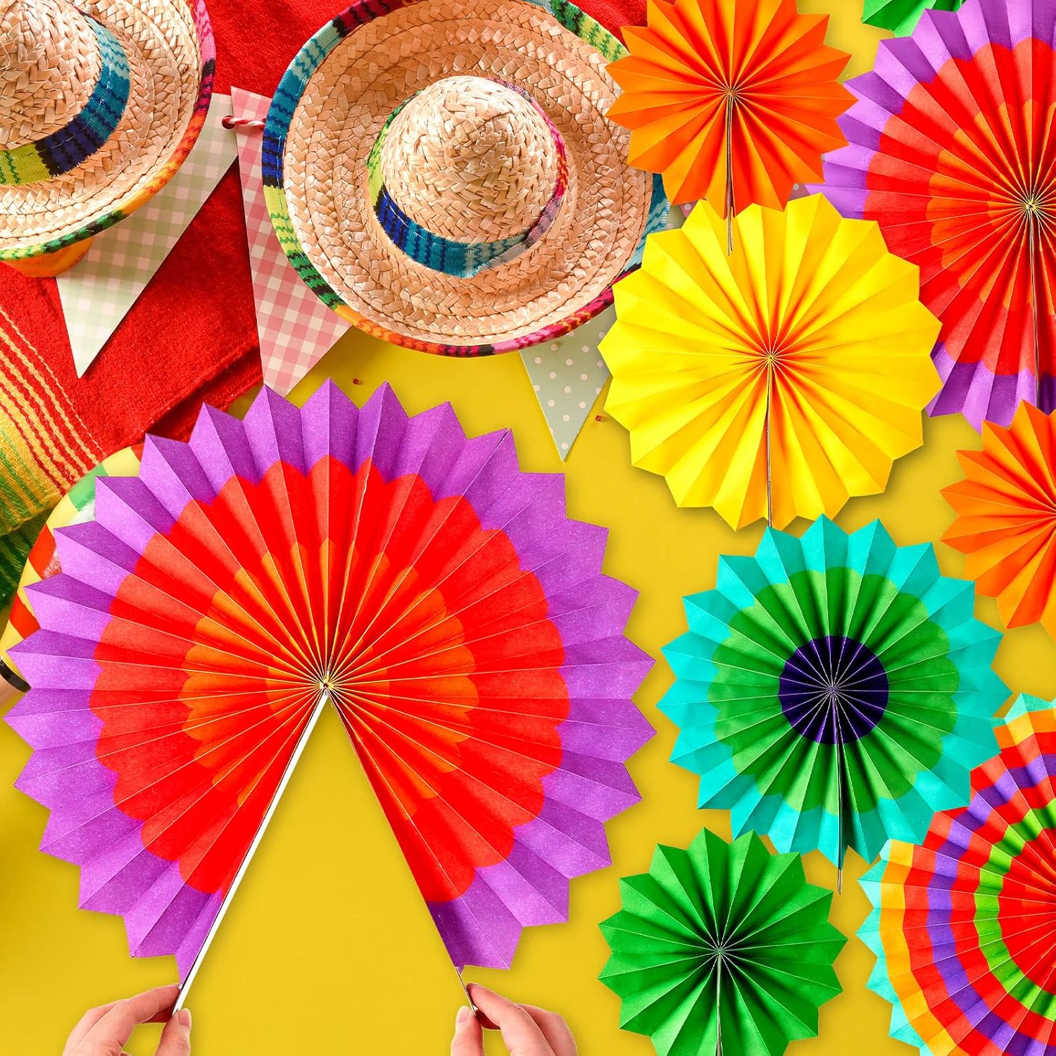 Sabary 36 Pcs Mexican Paper Fans Day of The Dead Party Decorations Cinco De Mayo Pom Poms Colorful Hanging Paper Fans for Fiesta Carnival Party Supplies Photo Prop