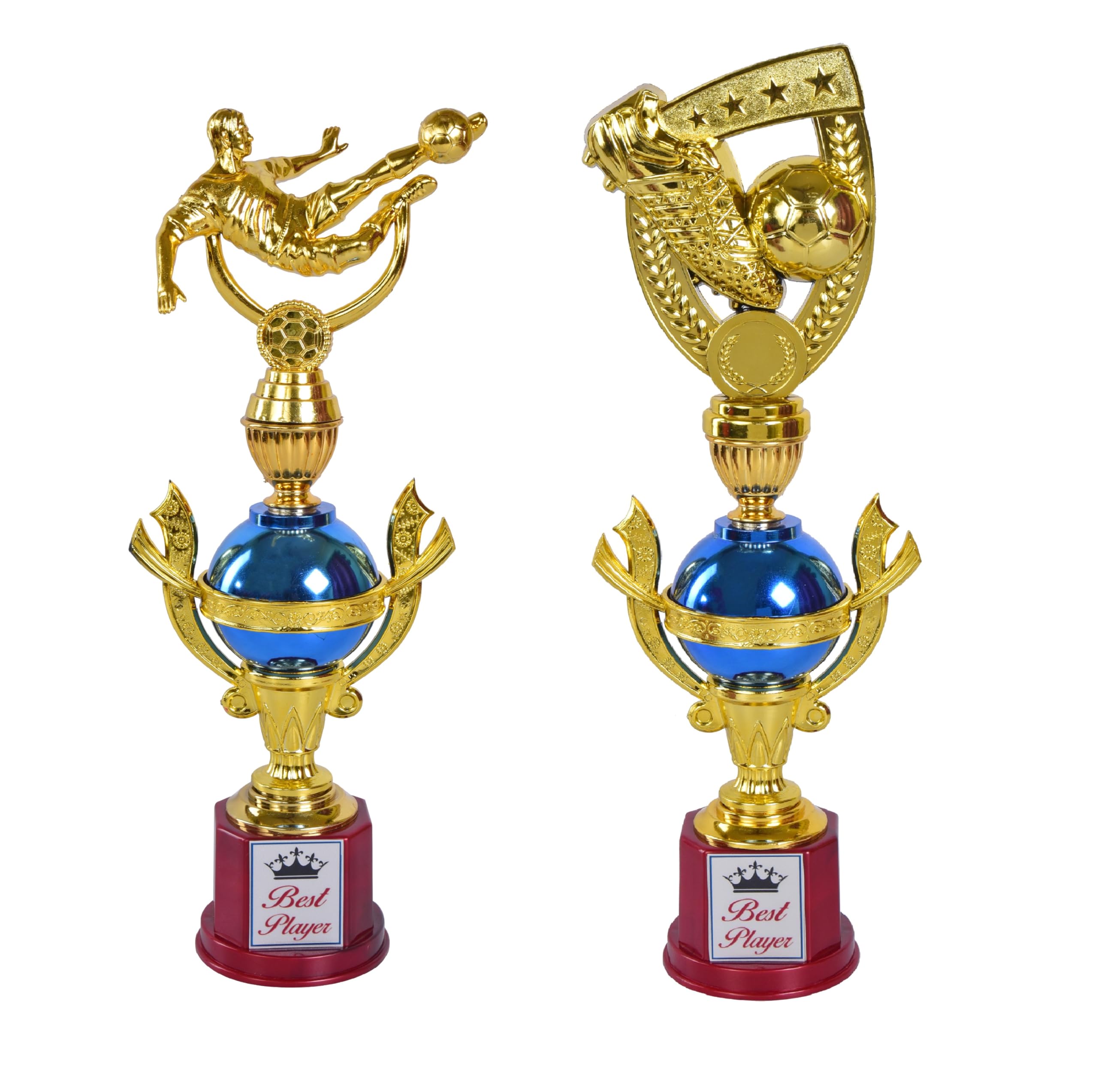 Football Trophy with Sticker | Best Football Player Trophy | Shiny Gold & Blue Design with Football Kick Trophy (2pc.,15 inchs)-image-22