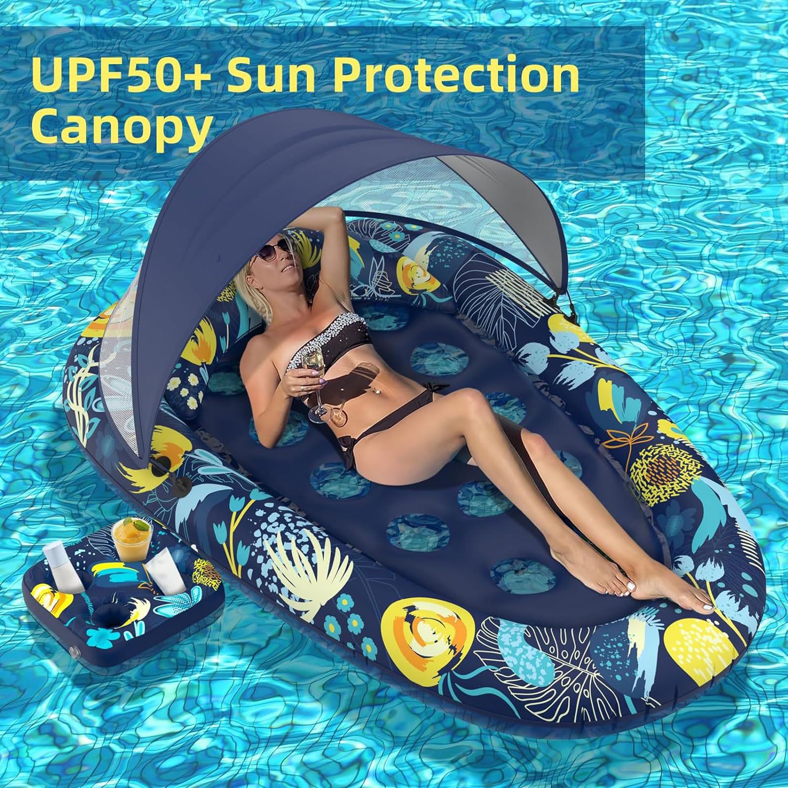 Colchoneta Piscina Adultos 185 * 120cm,Colchoneta Hinchable Piscina,Hinchables para Piscina,con Toldo de Sombra Desmontable,Portabebidas,Hamaca Flotante,para Adultos,Playa,Lago y Verano