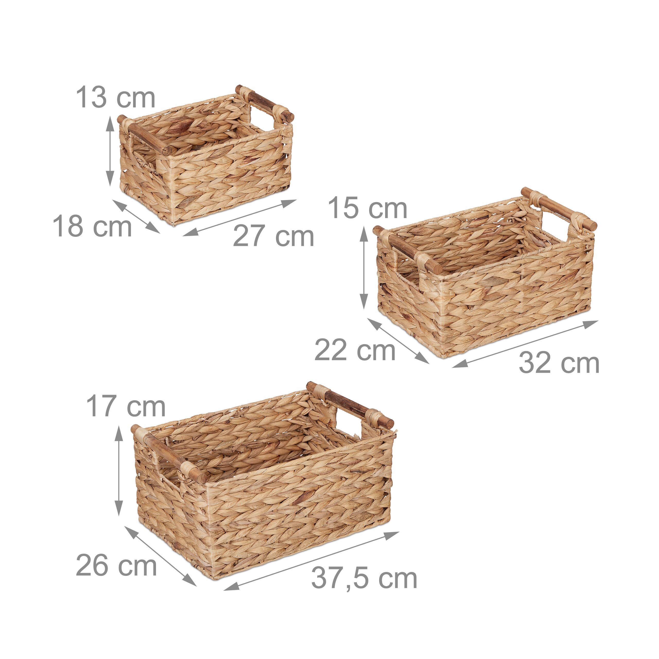 Relaxdays Set 3 Cestas Almacenaje, Jacinto de Agua, Cajas Almacenamiento Cuadradas 3 Tamaños, Organizador Baño, Natural