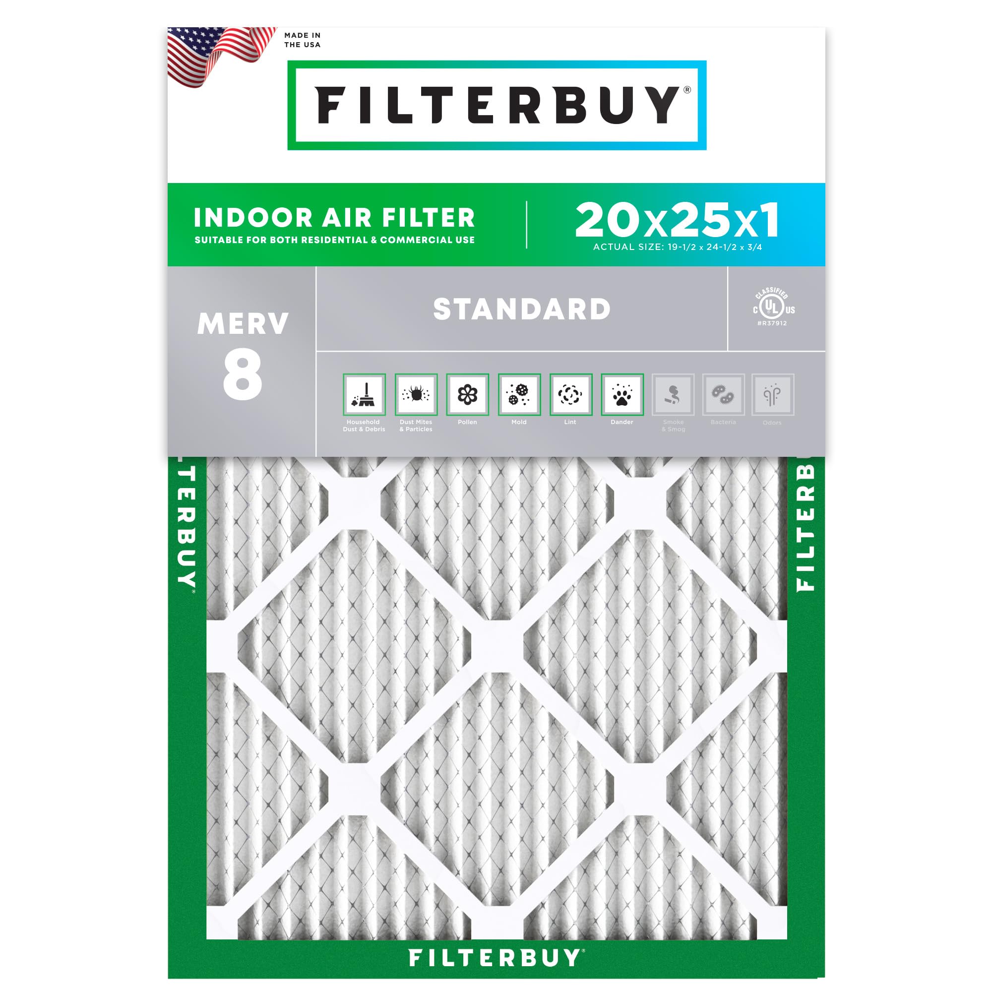 Filterbuy 20x25x1 Air Filter MERV 8 Dust Defense (1-Pack), Pleated HVAC AC Furnace Air Filters Replacement (Actual Size: 19.50 x 24.50 x 0.75 Inches)