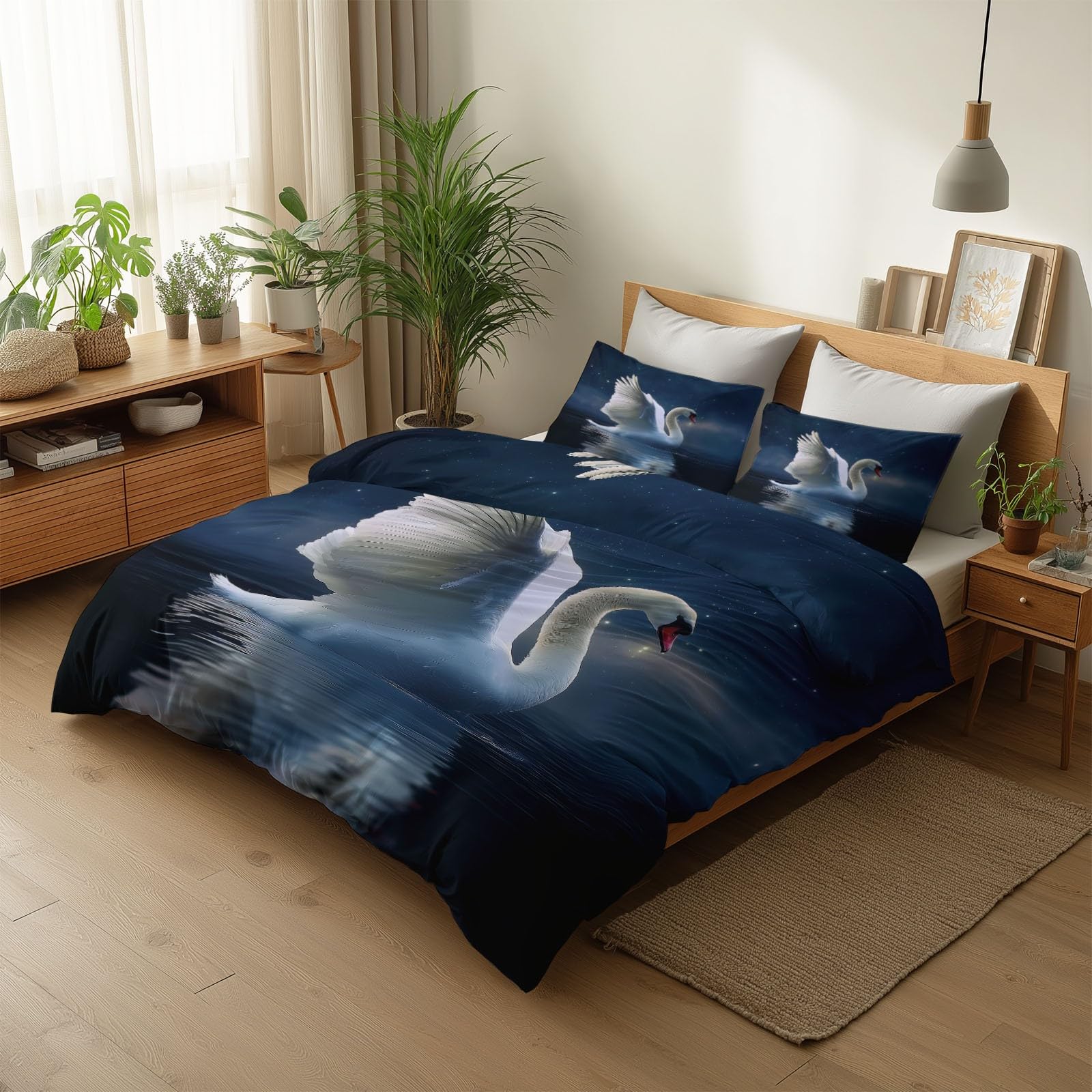 Generisch Komplet pościeli 180 x 200 cm, fantazyjne zwierzątko, łabędź księżycowy, dwustronna, niebieska, miękka, oddychająca, z zamkiem błyskawicznym i 2 poszewki na poduszkę 80 x 80 cm