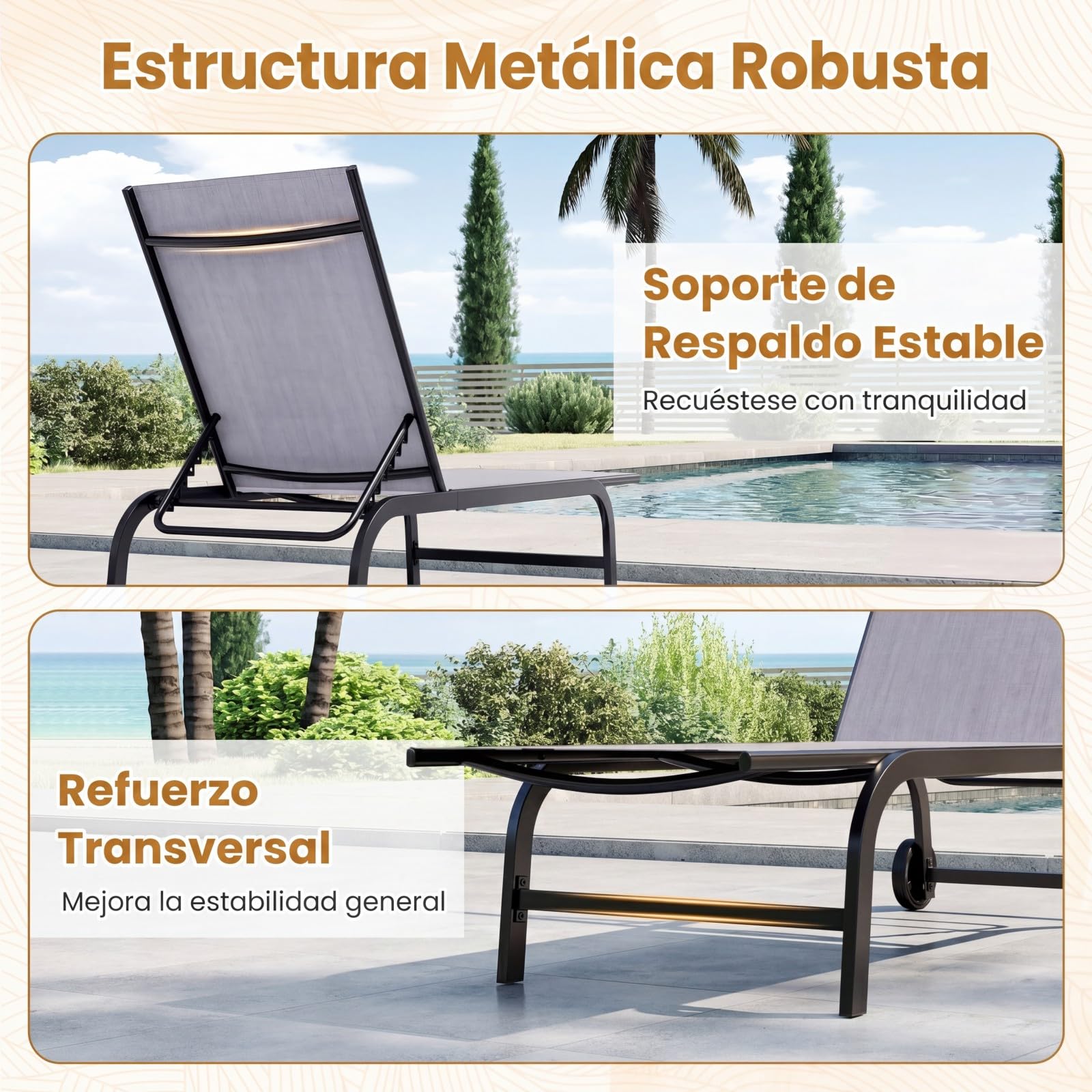 COSTWAY 2 Tumbonas Jardín Exterior con Ruedas, Textilene (Gris,2) | Tumbona Reclinable con Respaldo Ajustable en 6 Posiciones, Espreguiçadeira Jardim Terraza Picina Playa, Carga 150 kg