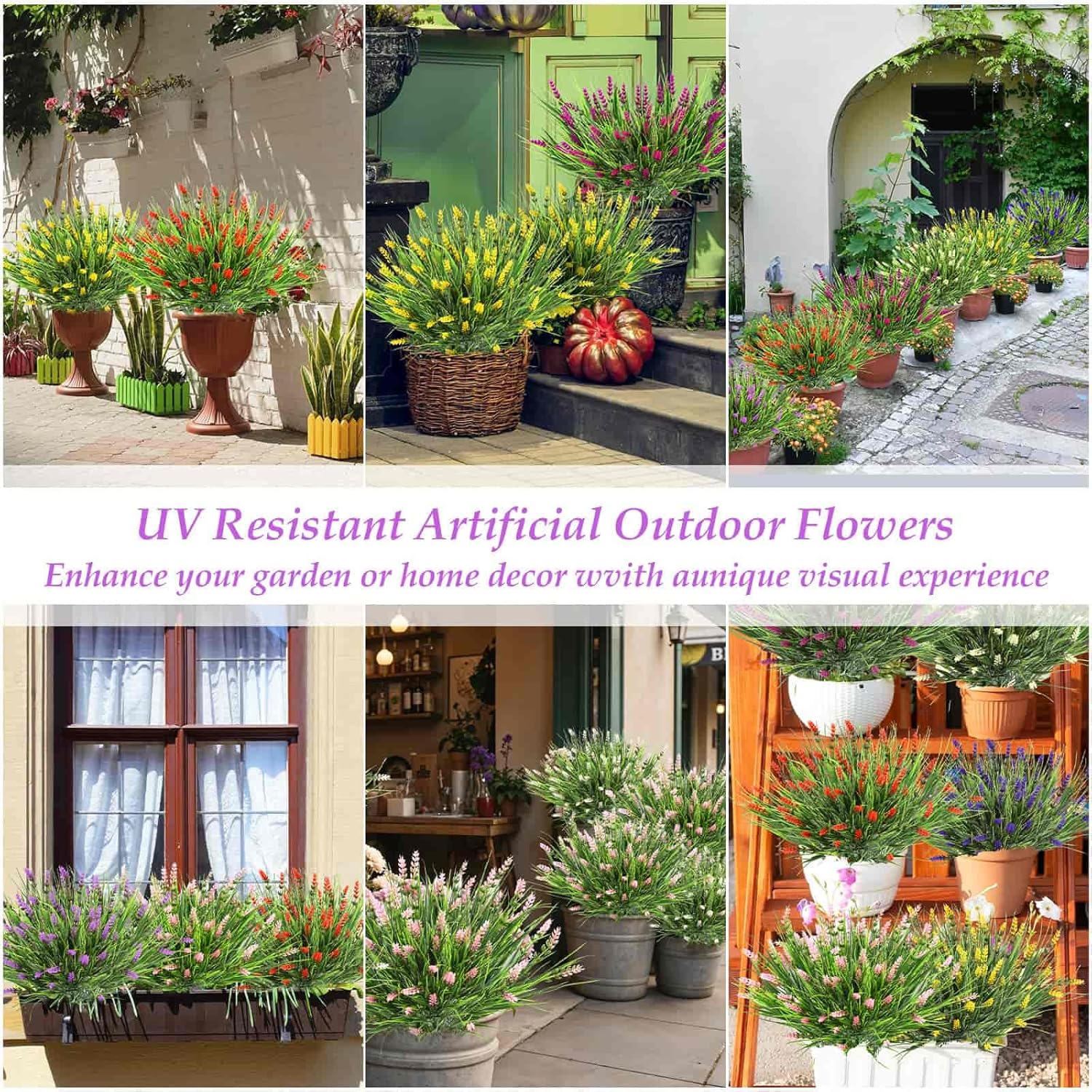 32 Bundles Realistic Artificial Flowers for Outdoors, UV Resistant Fake Lavender Flowers Monkey Grass Plastic Faux Plants Shrubs for Outside Garden Yard Porch Pots Window Box Hanging Planters Decor