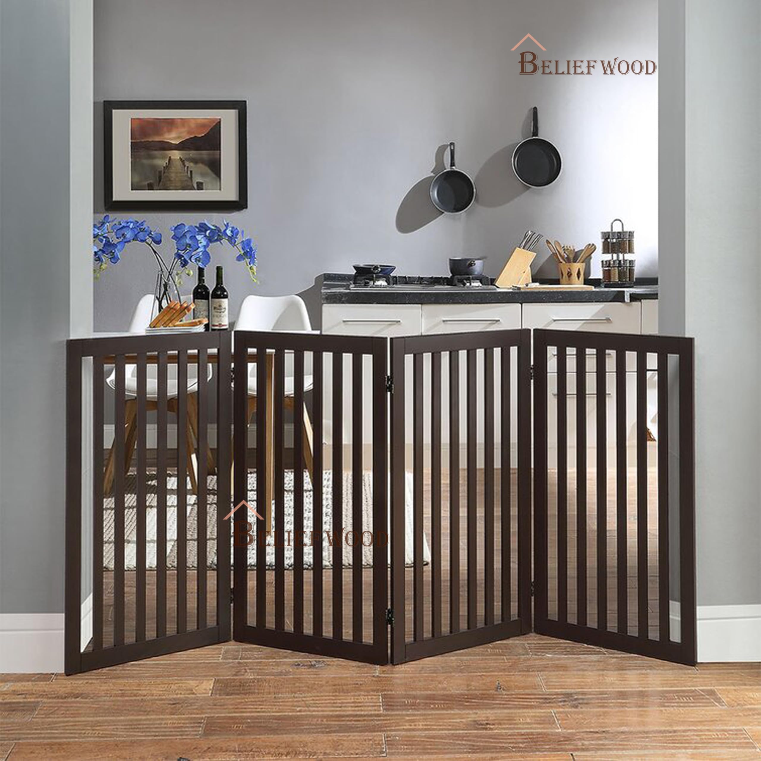 Modern Freestanding Foldable Pet Gate | Kids & Pets Safety Gate Partition | with a Pair of Support Feet Indoor Foldable Dog Fence for Stairs, Hallways or Doorways 60 Cm(4 Panel)