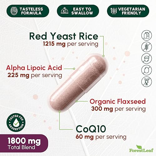 Miniatura 10 de Cuidado del arroz de levadura roja con COQ-10 y linaza orgánica apoya la salud cardiovascular 1215 mg sin citrinina suplementos dietéticos diarios 90