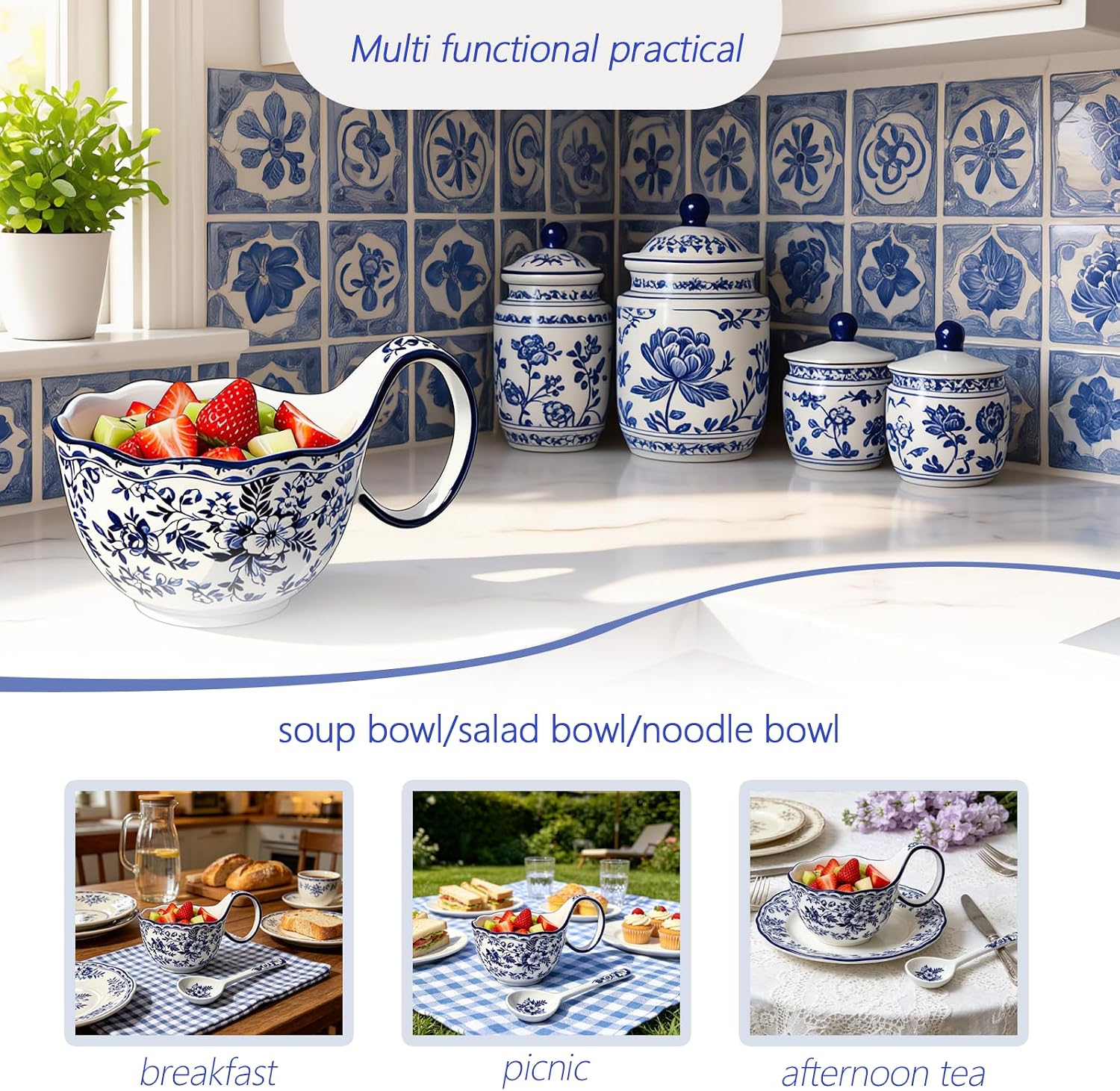 YQ&AMK Handmade ceramic soup bowl with handle - microwave safe, easy to grip design - suitable for soups, stews, grains, yogurt, ice cream, and snacks, gift box ready