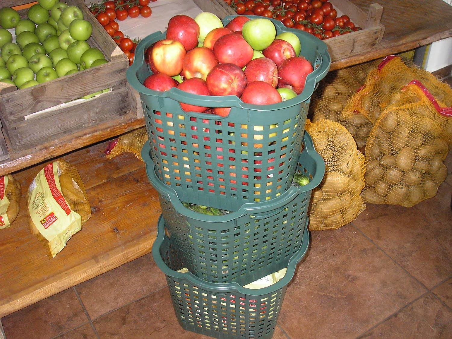 Erntekorb 25 Liter 5er Set Gartenkorb Grün Lebensmittelecht Obstkorb Robust | BURI Kartoffelkorb drehstapelbar aus Kunststoff Made in Germany als Obstkorb, Laubkorb und vielseitiger Gartenkorb