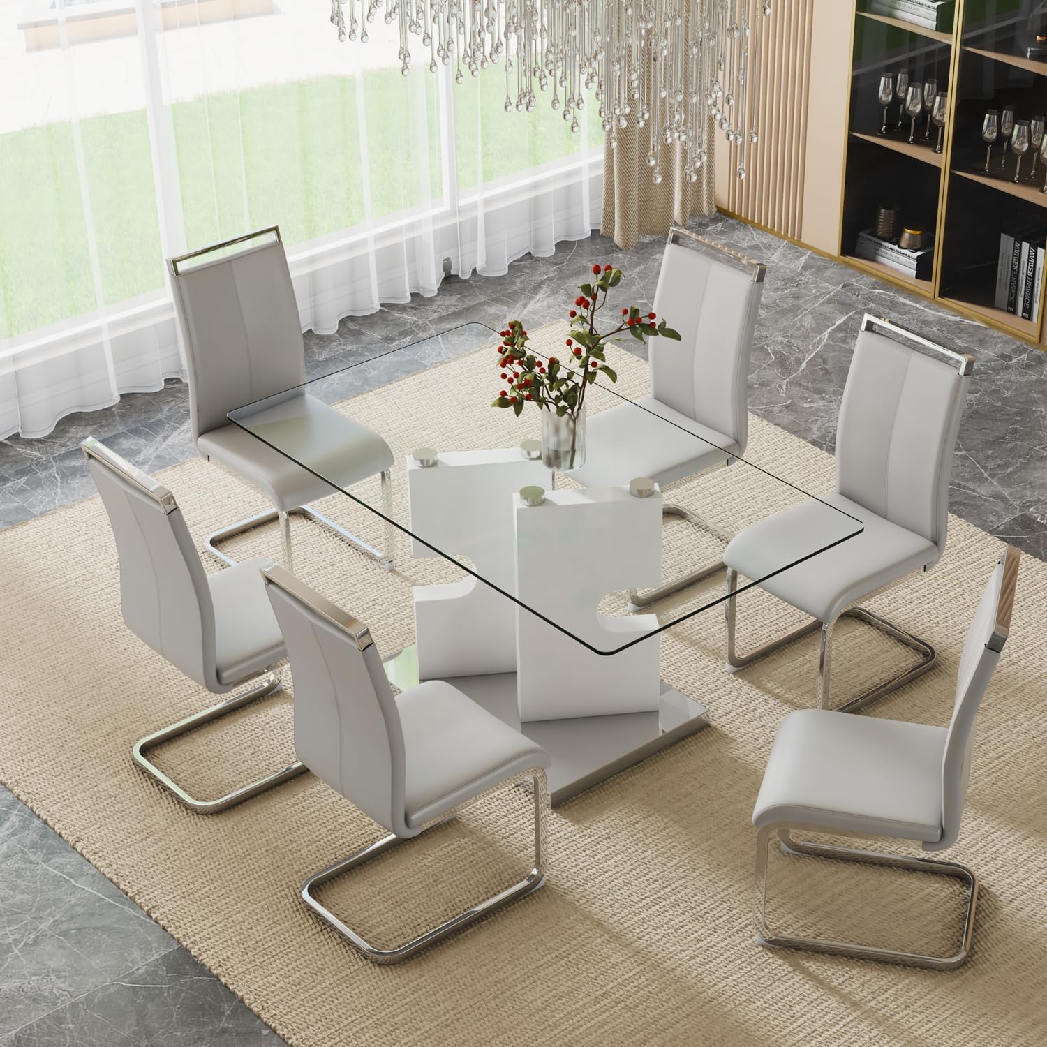 NYEESS Glass Dining Table Set of 6 63 Dinner Room Glass Table Set for 6 Modern Kitchen Dinner
