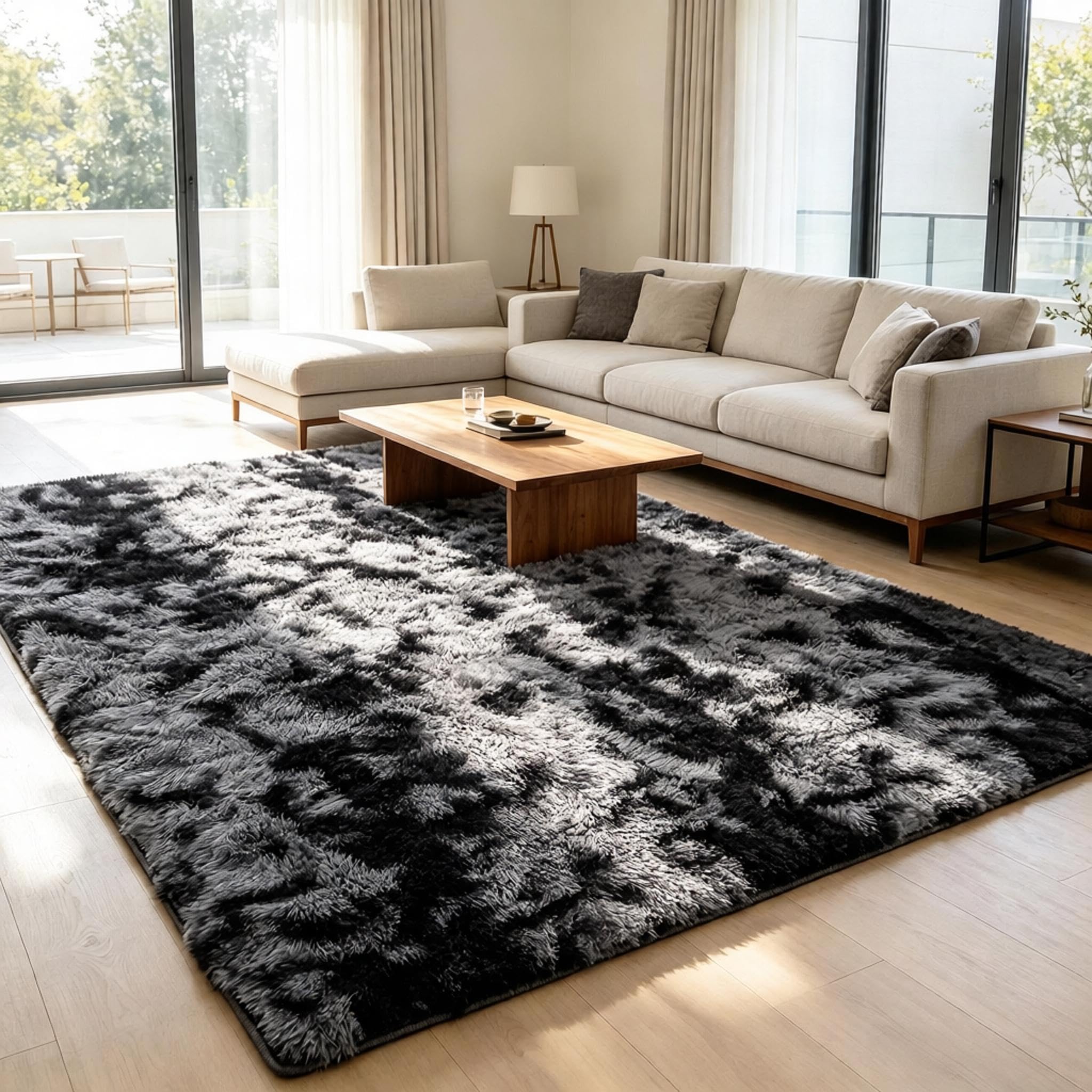 Calore Rugs Living Room Soft Fluffy Rug Bedroom Non-slip Large Modern Shaggy Area Rugs Carpet Floor Mat for Home Decor (Black Grey, 200 x 300 cm) โ image 1