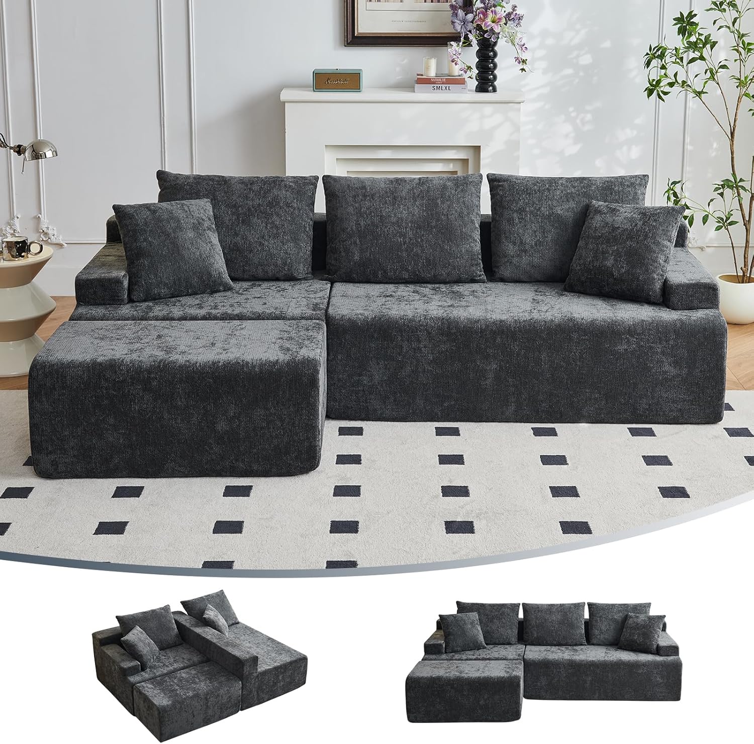 Boneless Couch, L Shaped Cloud Sectional Couches for Living Room, Comfy Fluffy Modular Sectional Sofa, Deep Seat Memory Foam Lounger with Left Facing Chaise, Free Combination, Grey
