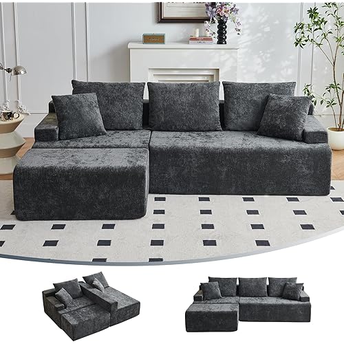 Boneless Couch, L Shaped Cloud Sectional Couches for Living Room, Comfy Fluffy Modular Sectional Sofa, Deep Seat Memory Foam Lounger with Left Facing Chaise, Free Combination, Gray