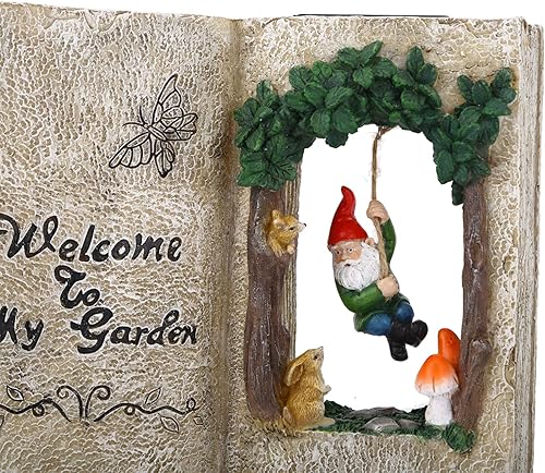 Miniatura 5 de Estatua de gnomo de jardín para exteriores, energía solar, libro solar, estatua de casa, columpio de gnomo en árboles, bienvenido a mi jardín