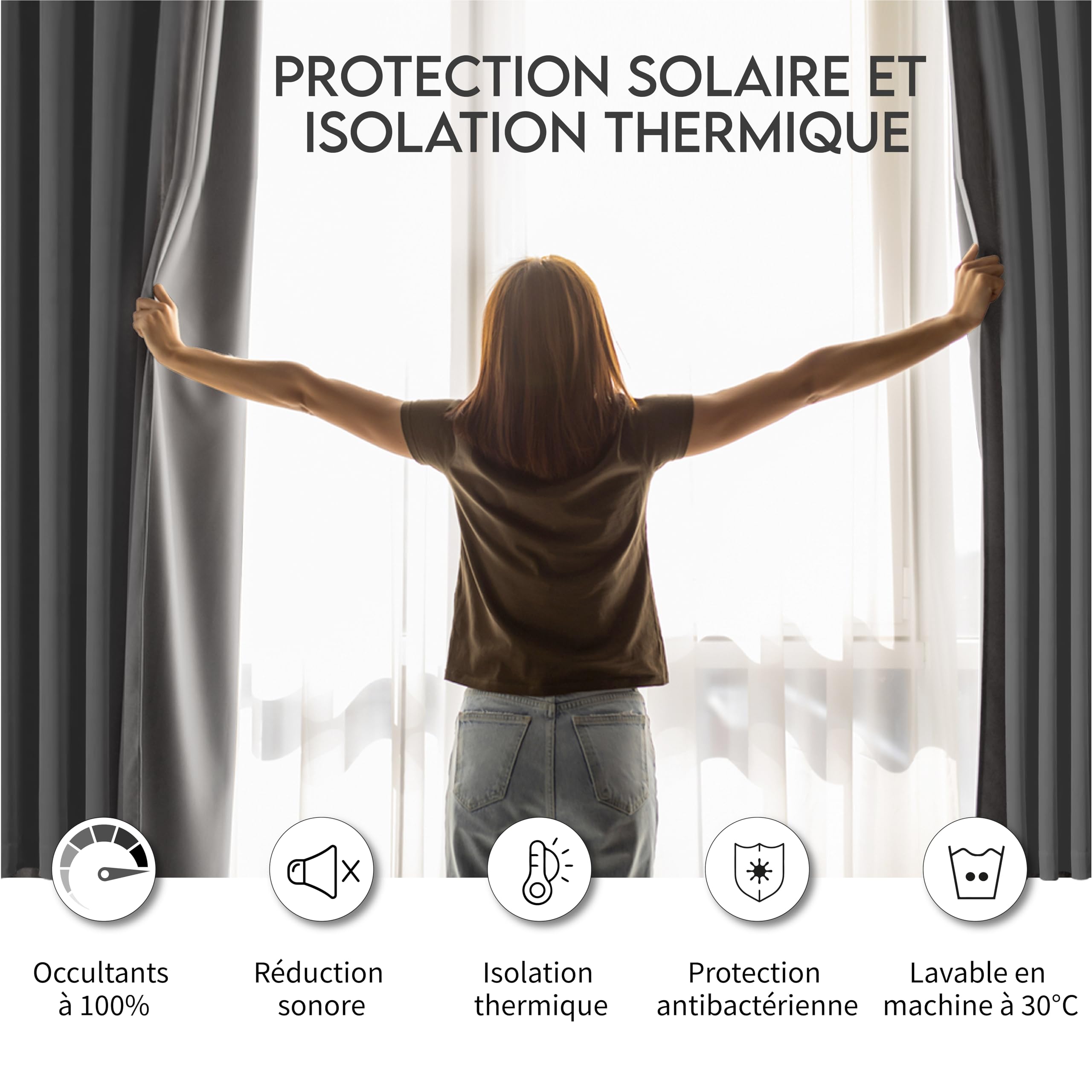 2 Rideaux Occultants Premium & Thermo-isolants - 135x220cm - Couleur Gris - Ultra Épais - 340g/m²
