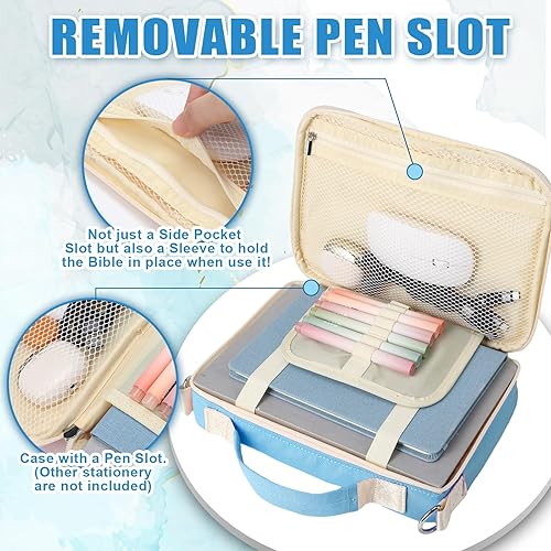 Vista 3 de Silkfly Funda para la Biblia de Navidad para mujeres, bolsa de iglesia grande de felpilla con correa para el hombro y asa, bolsa cristiana Azul