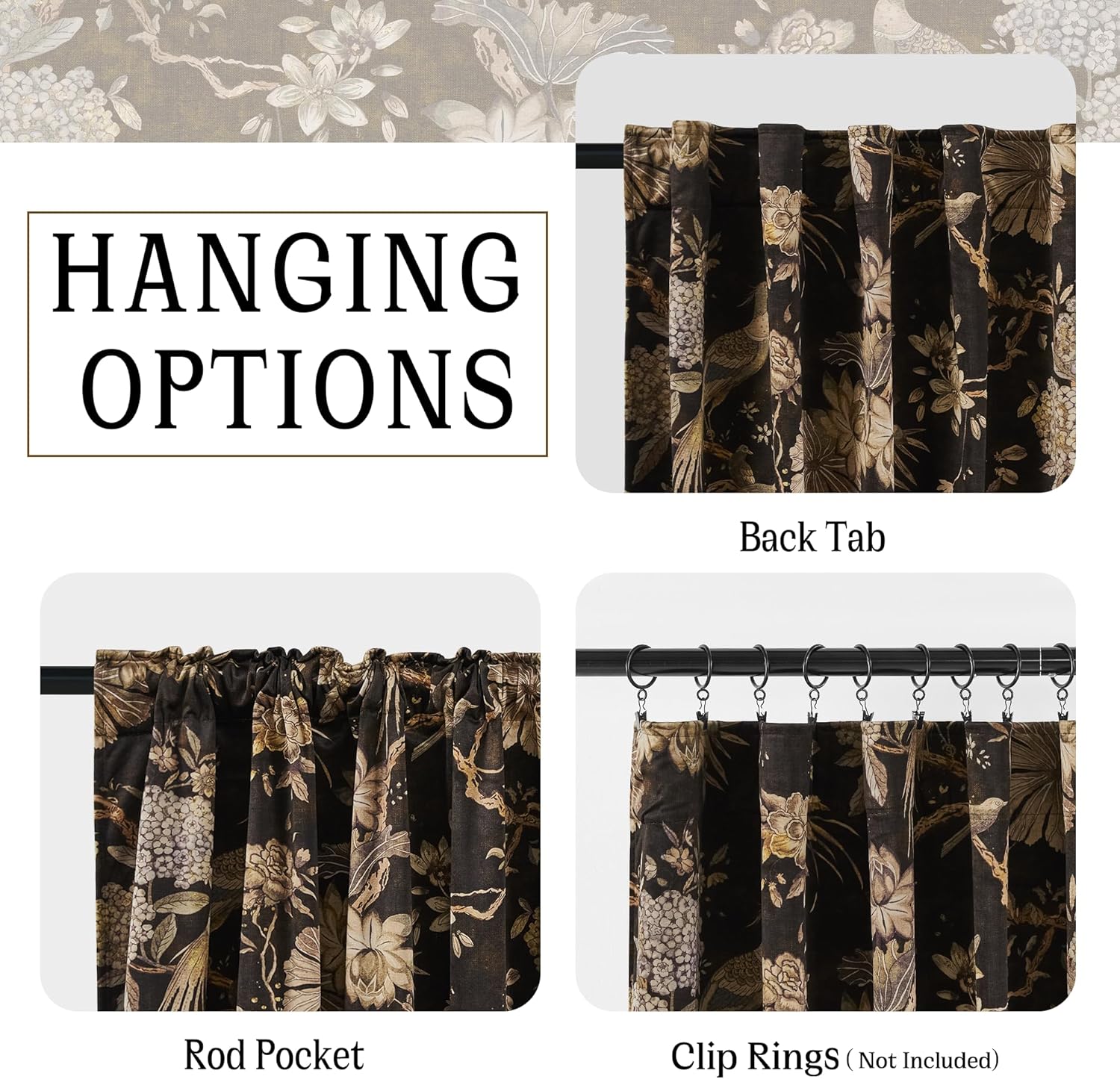 RYB HOME Brown Velvet Curtains Large, Printed Floral Bird Vintage Design Home Decoration Thermal Insulated Room Darkening Drapes for Bedroom Living Room, , 2 Panels