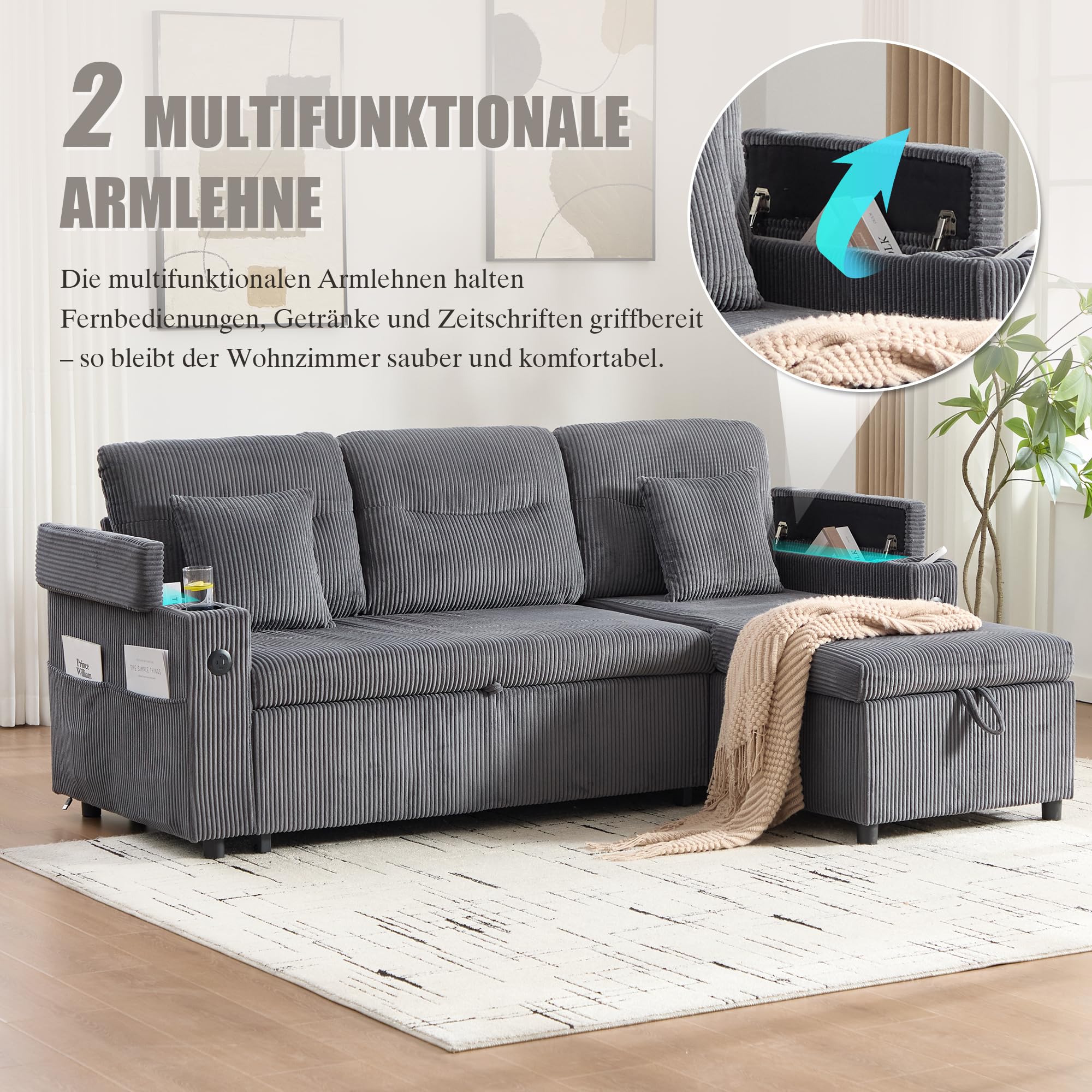 Sapgaks Canapé d'angle Convertible en L avec Espace de Rangement,Porte-gobelets et USB-C,Canapé lit Pliant Moderne,canapé Convertible 3 Places en Velours côtelé (H-Gris Carbone)