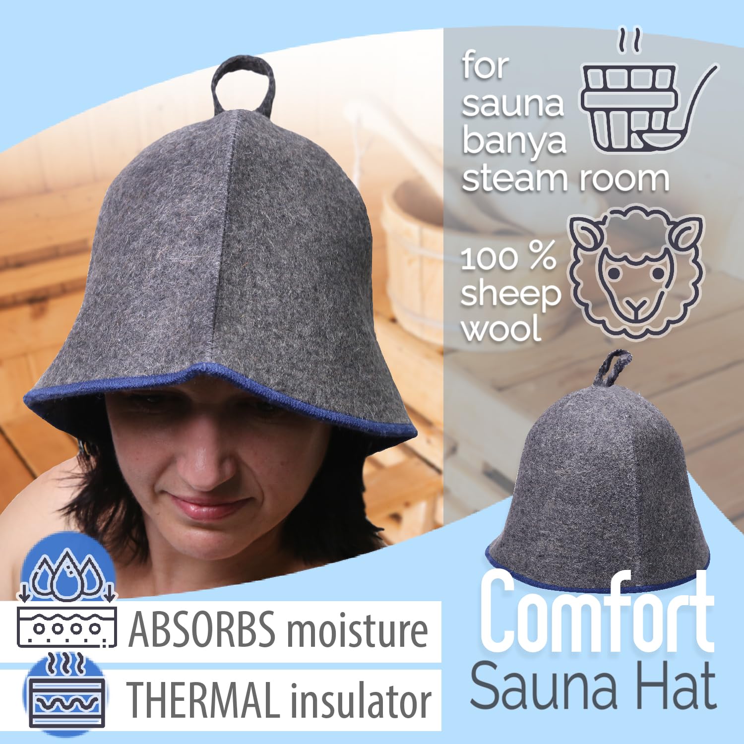 PetriStor Sauna Hat Comfort - Sauna Hat for Women - Wool - for Men - Bathhouse - Felt Cap
