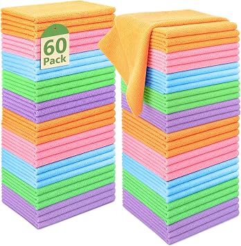 60 Pack Microfiber Rags, 5 Colors Assorted Cleaning Cloths, Microfiber Towels Bulk Towels for Home Kitchen Automotive Bar Mechanic Restaurant Garage, 11.8x11.8in