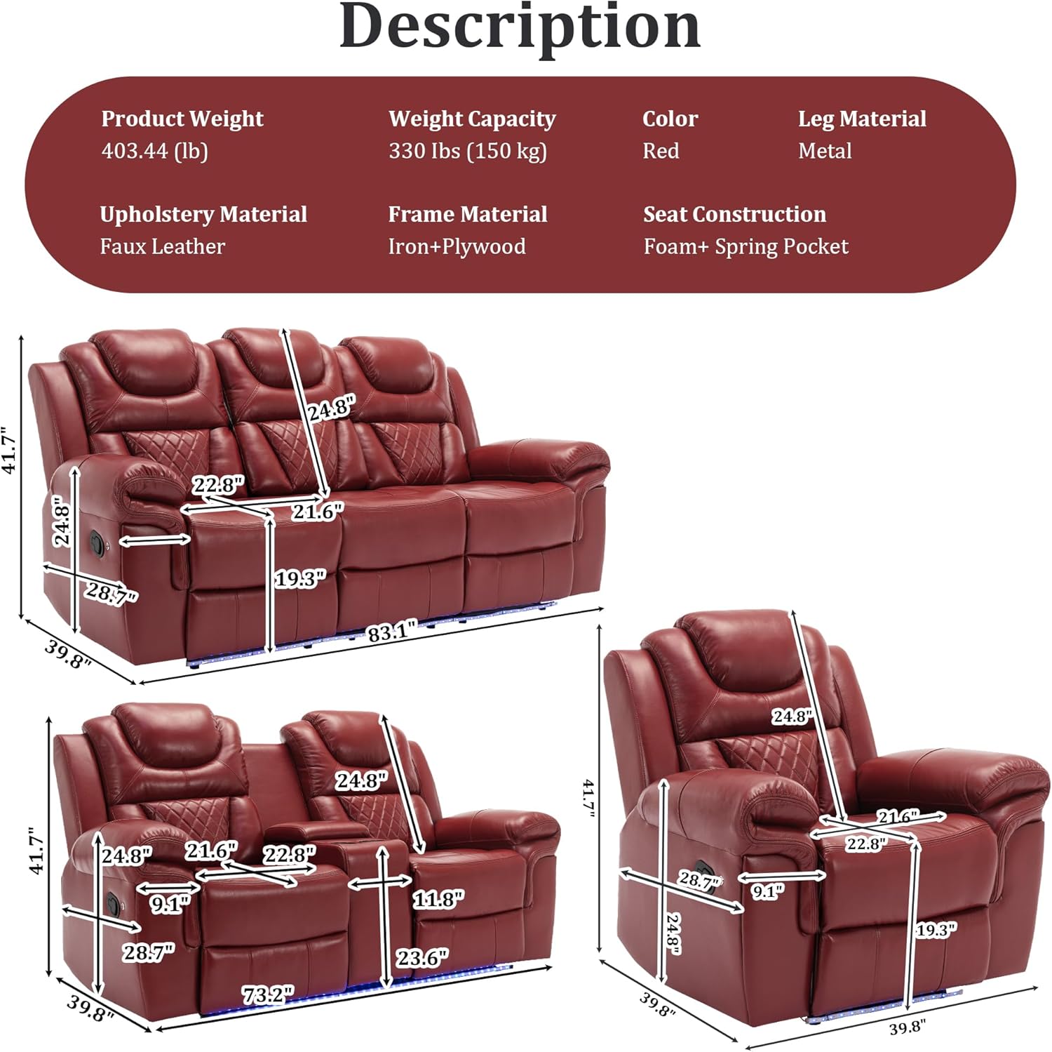 3 Pieces Living Room Furniture Sets,Recliner Leather Sectional Sofa, Home Theater Seating Manual Recliner with Center Console and LED Light Strip for Living Room, Office.Wine Red（3+2+1