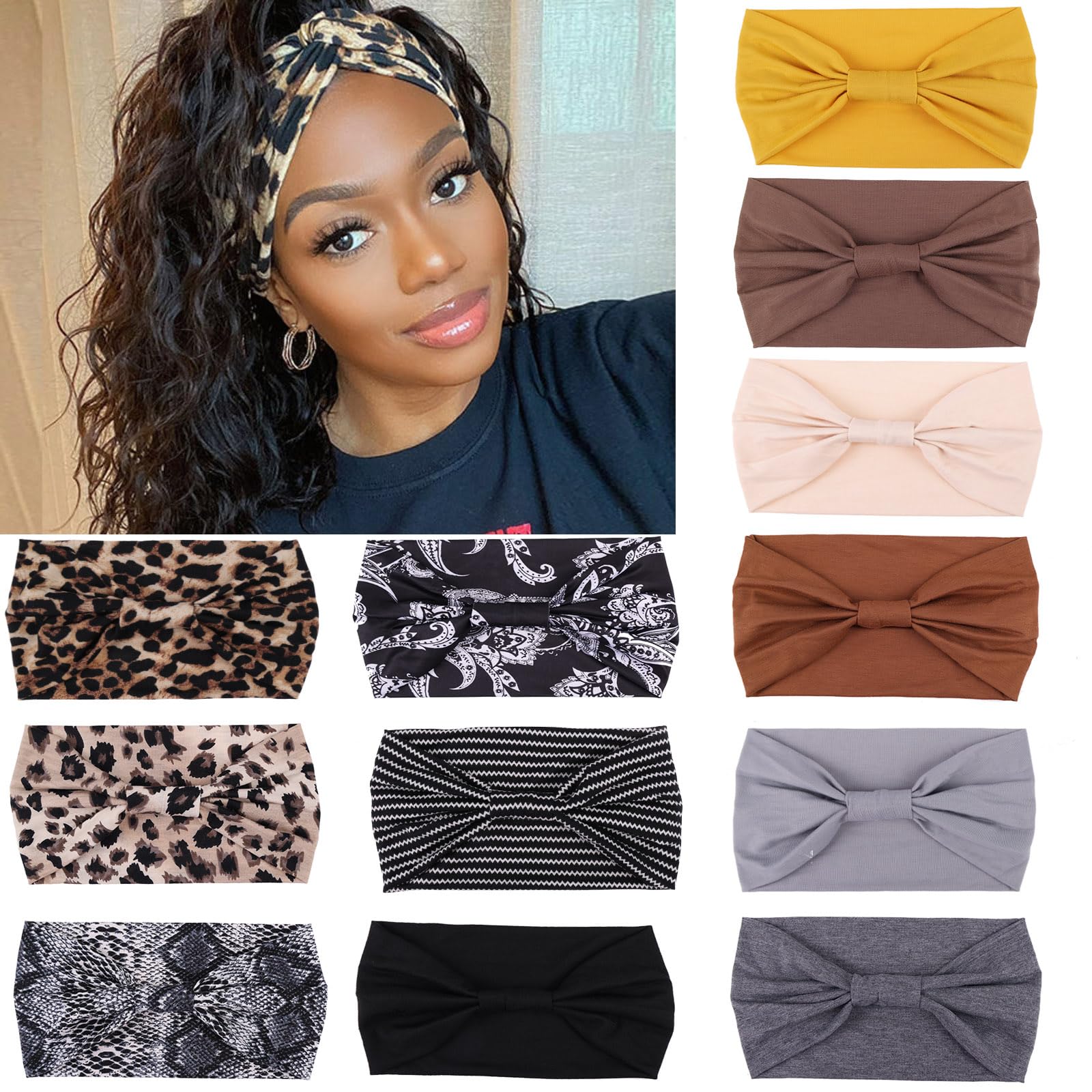 XTREND Paquete de 12 diademas anchas anudadas antideslizantes para mujer, elásticas, absorbentes del sudor, estilo bohemio, para u