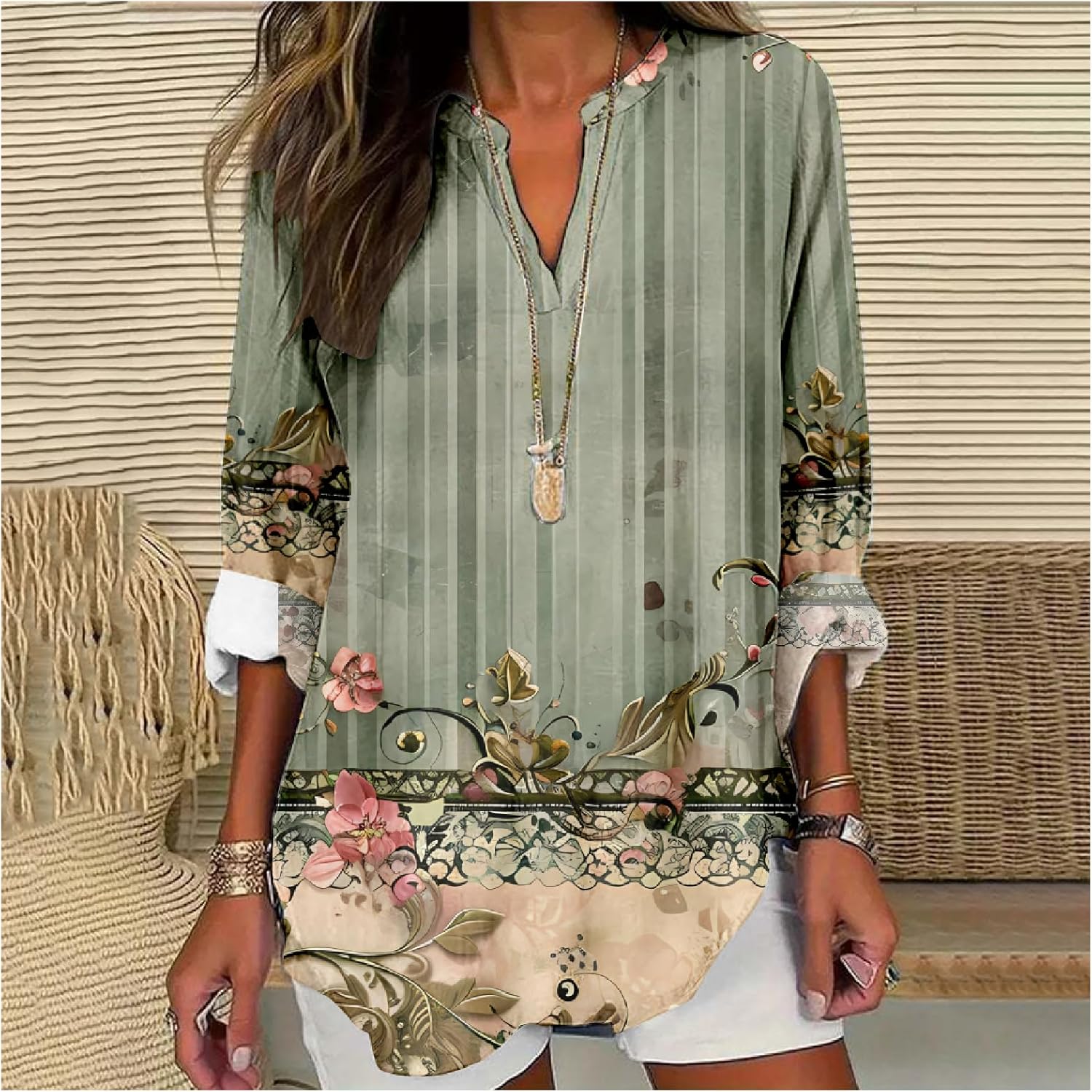 Long Sleeve Tunics for Women Floral Boho Tunic Tops Graphic Women 3/4 Sleeve Ladies Blouses V Neck Shirts 2024 - Image 2