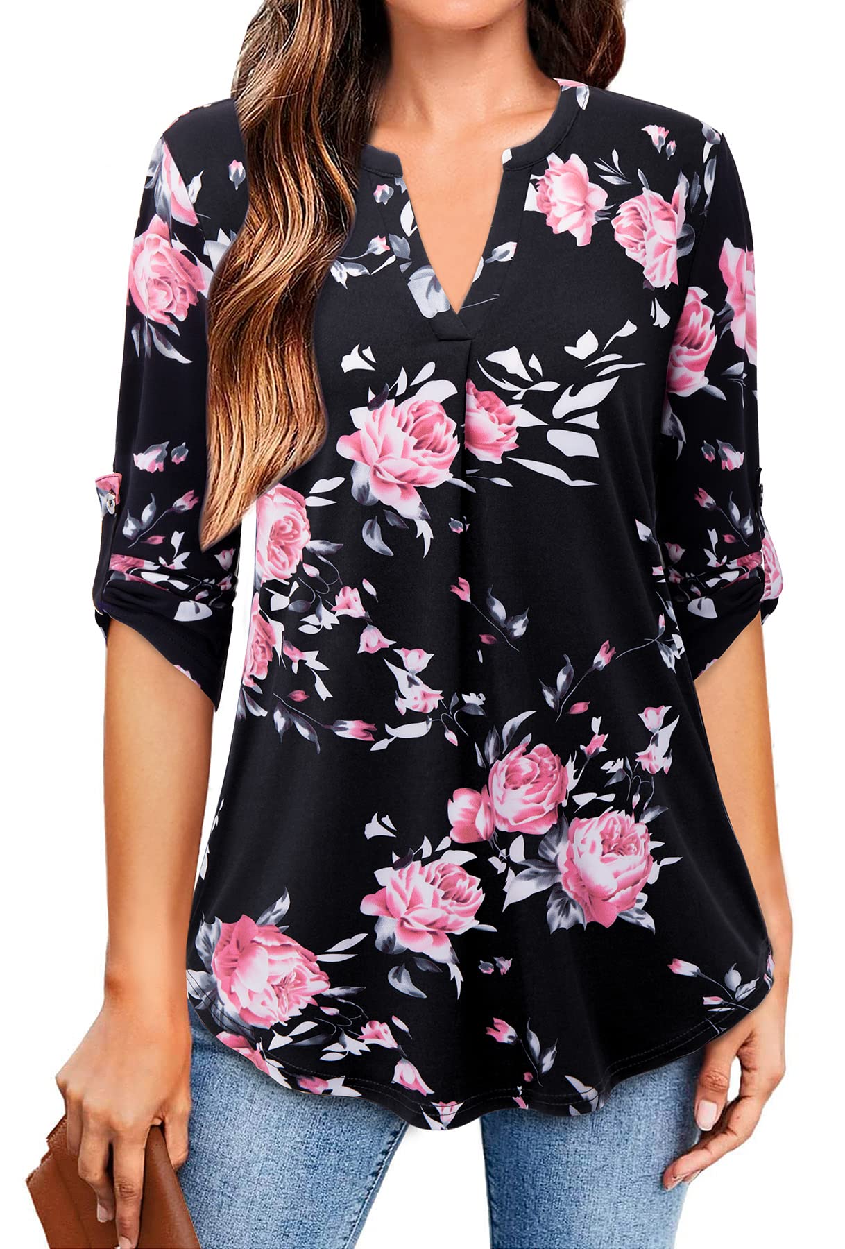 Siddhe Damen V-Ausschnitt Bluse 3/4 Ärmel Oberteile Tunika Tops Locker Longshirt Lässige T-Shirt Langarm Hemd