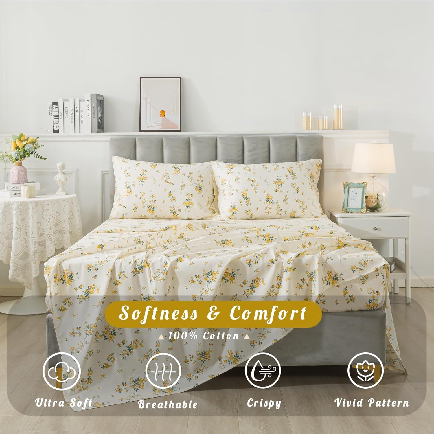 Cal King Sheet Set,100% Cotton Percale Floral Sheets Cal King Size Set,4 Pieces Crisp & Cool Bed Set with Deep Pocket,Lightweight & Breathable Room Decor