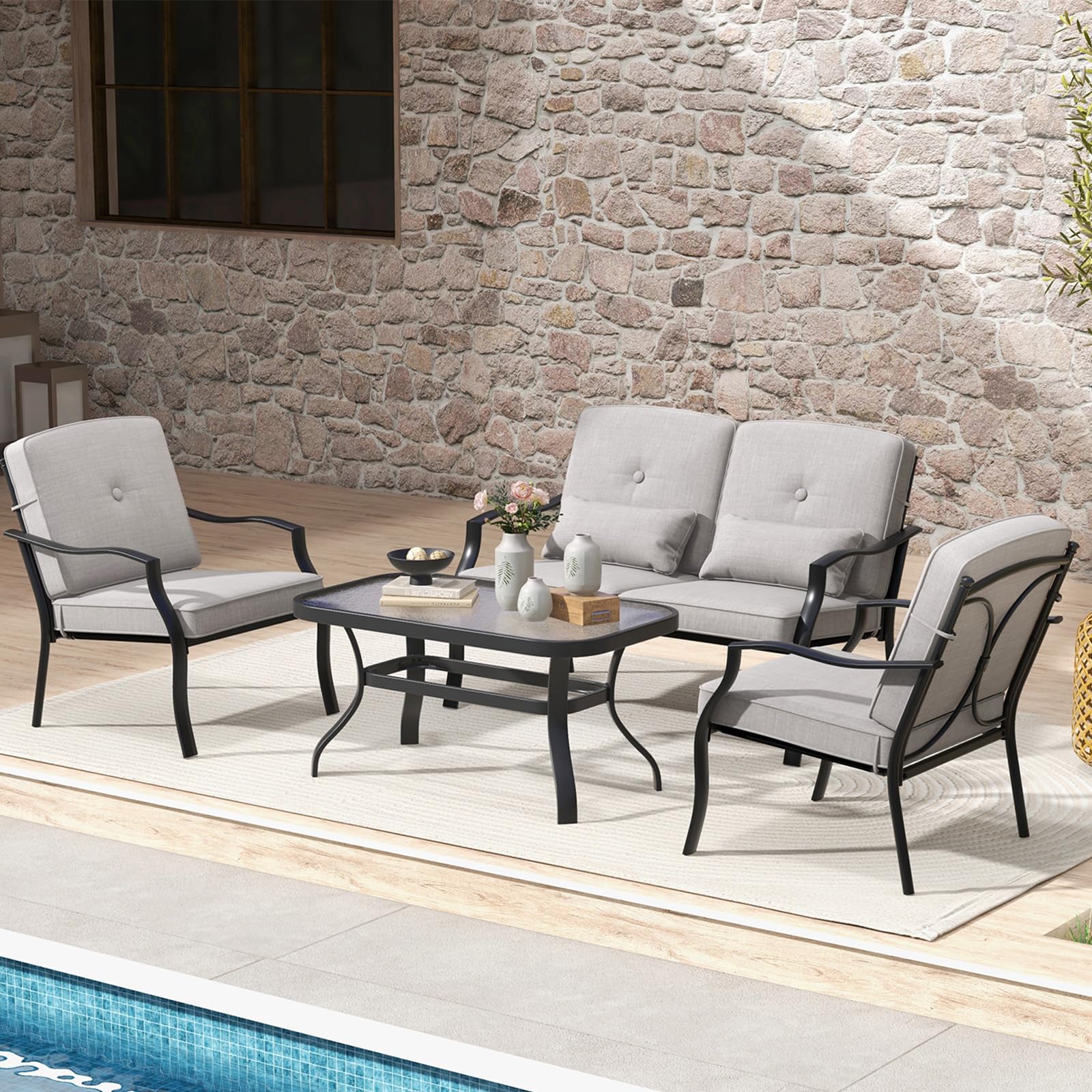 GIANTEX Set di 4 mobili da giardino con tavolino da salotto e panca da giardino e 2 sedie da pranzo, set da 4 persone, set da giardino con cuscino, mobili da giardino