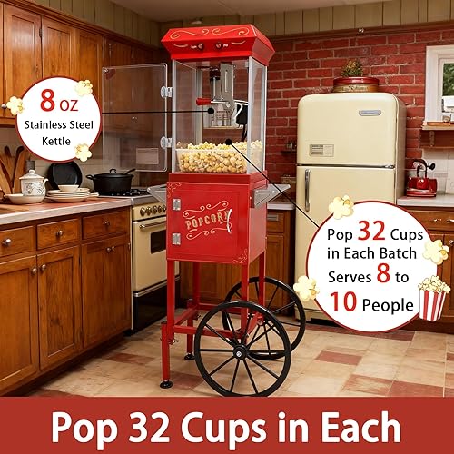 Miniatura 3 de Máquina de palomitas de maíz con carrito y ruedas de 8 onzas, máquina de palomitas de maíz con hervidor de acero inoxidable de 800 W, máquina de
