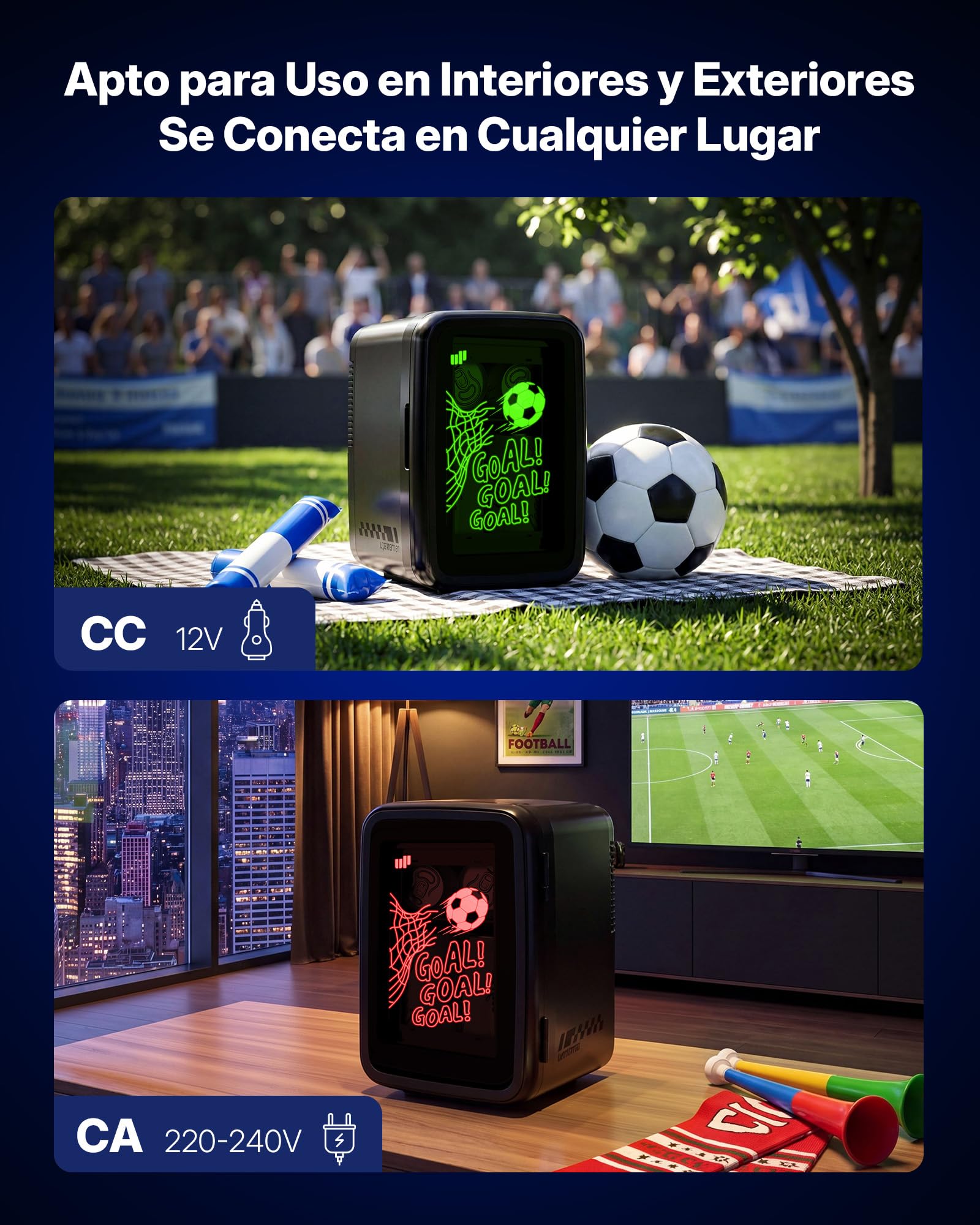 Upstreman Mini Nevera 4L/6 Latas, Silenciosa, Mini Frigorifico LED de 7 Colores,Refrigeración & Calefacción, 12V/220V, Nevera Pequeña para Bebidas y Cuidado de La Piel, Serigrafía de Fútbol, TR4-F