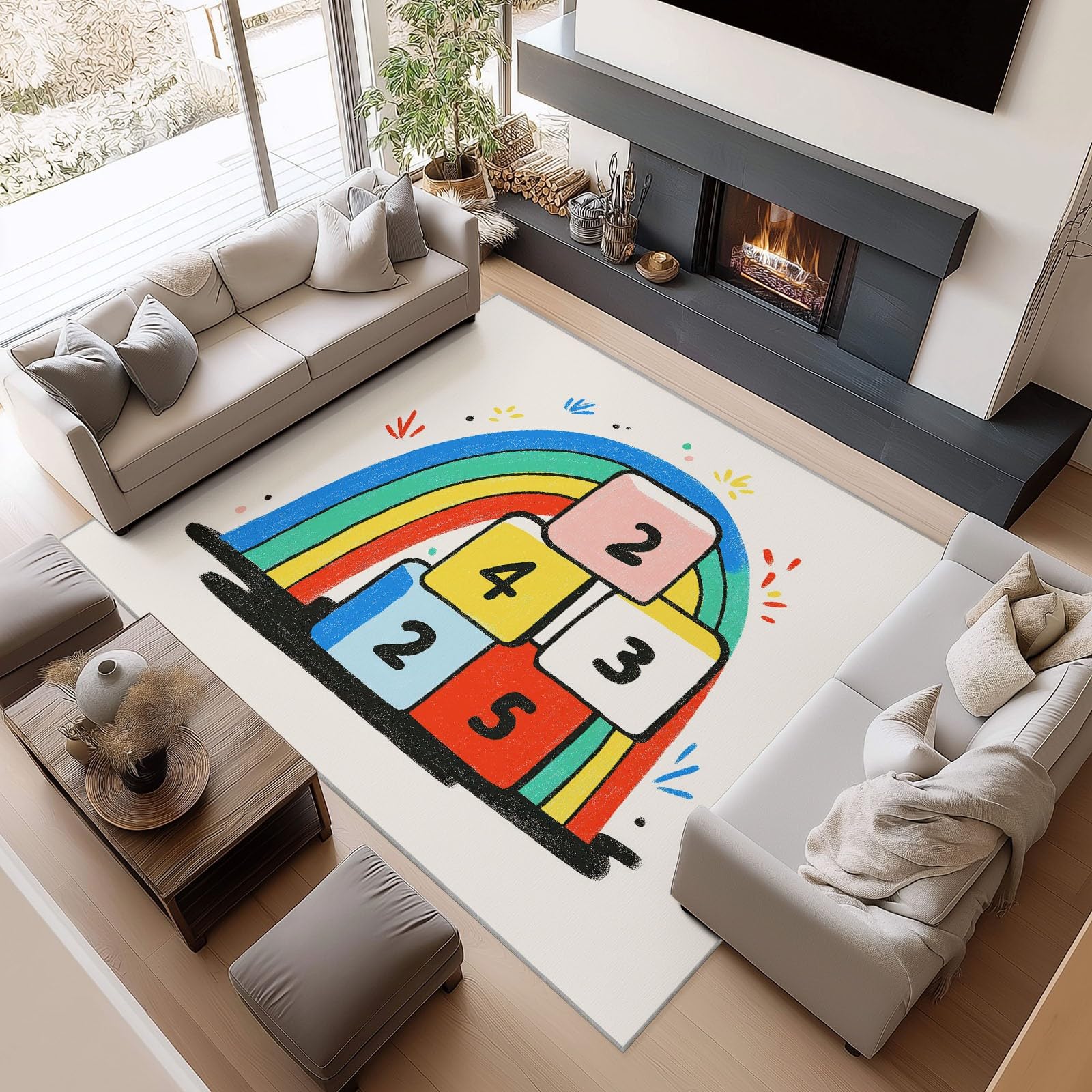 Dywan 80 x 150 cm, geometryczne klocki, tęczowy, minimalistyczny, antypoślizgowy, nadaje się do prania, beżowy, z nadrukiem, do dekoracji sypialni, pokoju dziecięcego, salonu, z krótkim włosiem