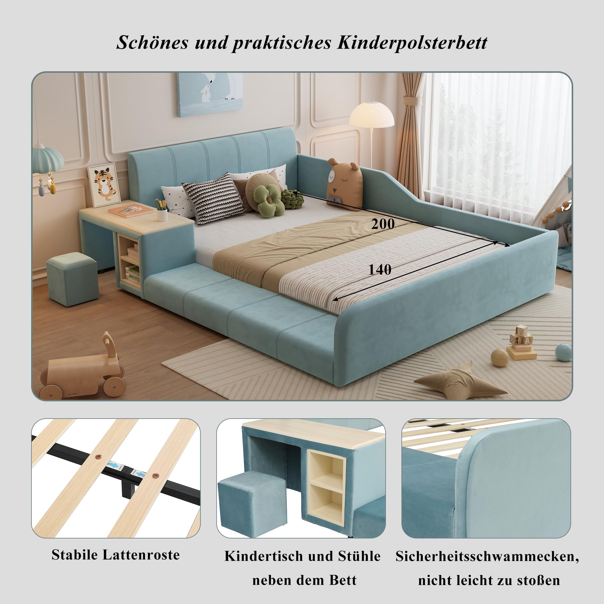 Letto imbottito con scrivania per bambini e sgabello, con ripiano, 140 x 200 cm, letto singolo, letto matrimoniale con testiera e rete a doghe, in velluto, blu