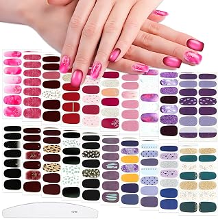 WOKOTO 20 Sheets Cute Colorful Nail Polish Stickers Stick On Nail Polish Strips For Nails Art Polish Stickers With Nail File Gel Nail Wraps Strips Stickers Mix-Design Nail Gel Stickers For Women
