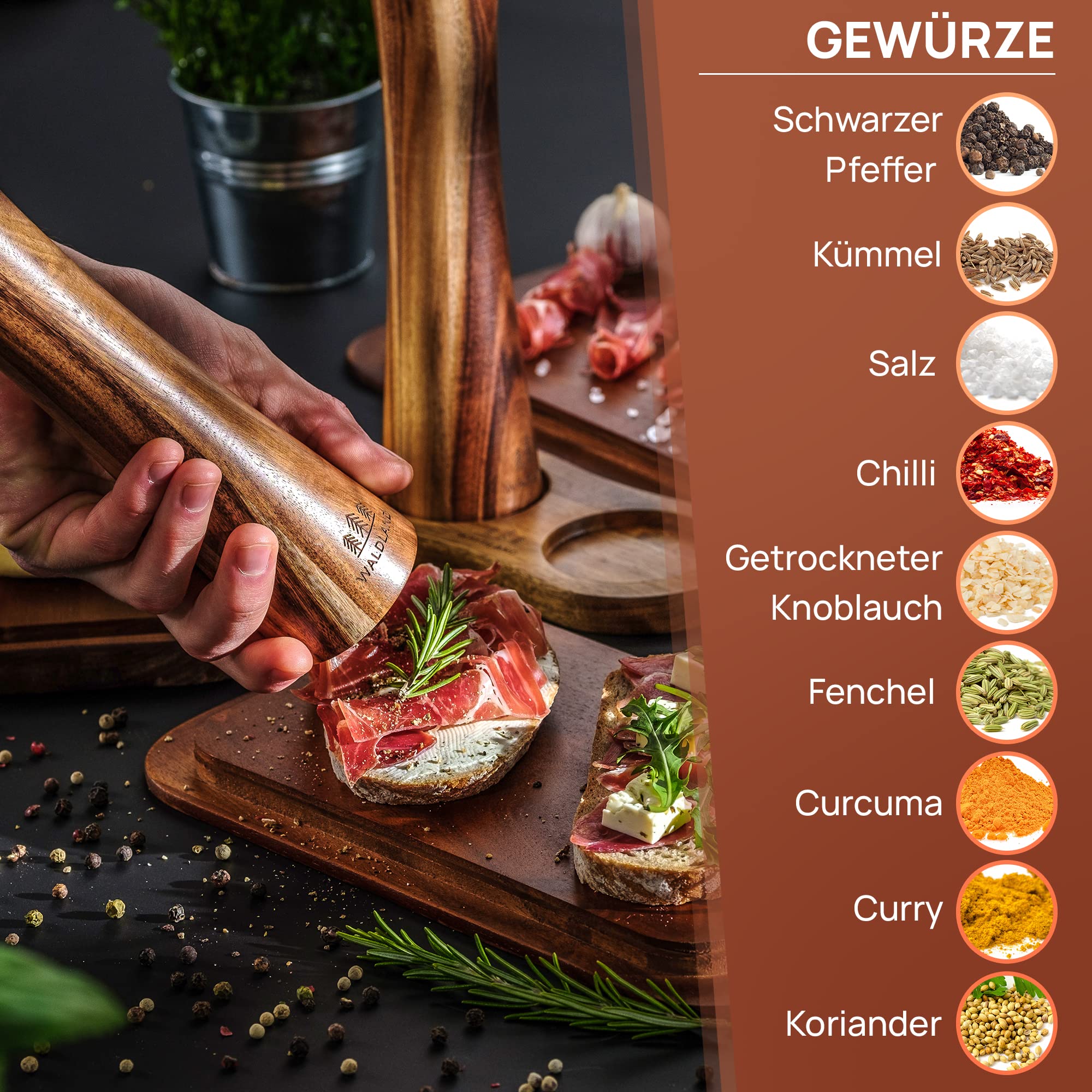 WALDLAND® Salz und Pfeffermühle aus Holz mit Untersetzer Gross (21 cm) | Gewürzmühlen mit hochleistungs - Keramikmahlwerk | Pfeffer und Salzmühle Set