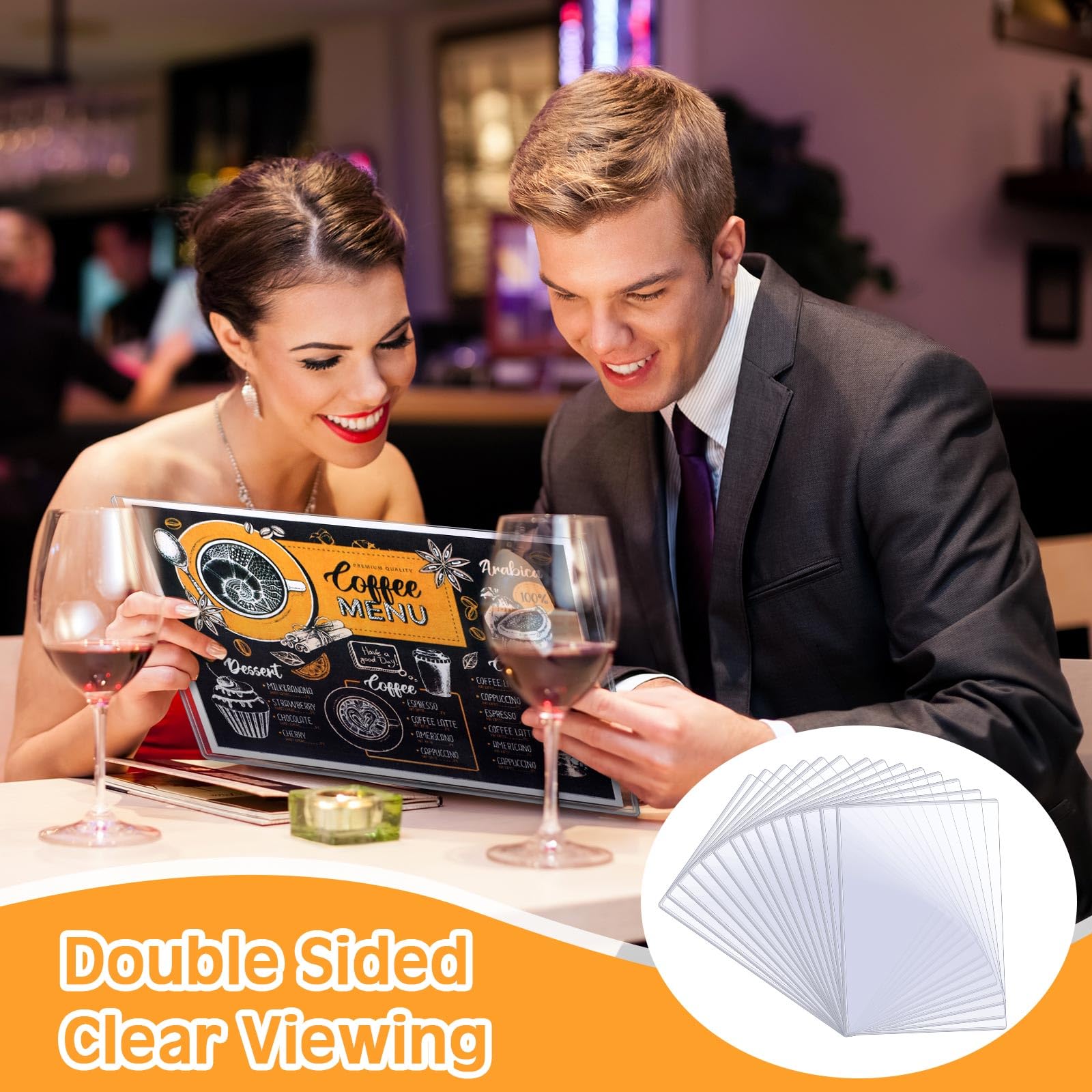 MotiMind Paquete de 75 fundas de vinilo transparente para menús de restaurante de 8.5 x 11 pulgadas, fundas de menú reutilizables de doble cara, soportes de menú de carga superior, protectores de