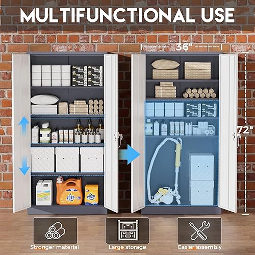 Miniatura 5 de Greenvelly Armario de almacenamiento de metal para garaje, armario de acero con bloqueo con 2 puertas y 4 estantes ajustables, gabinetes de
