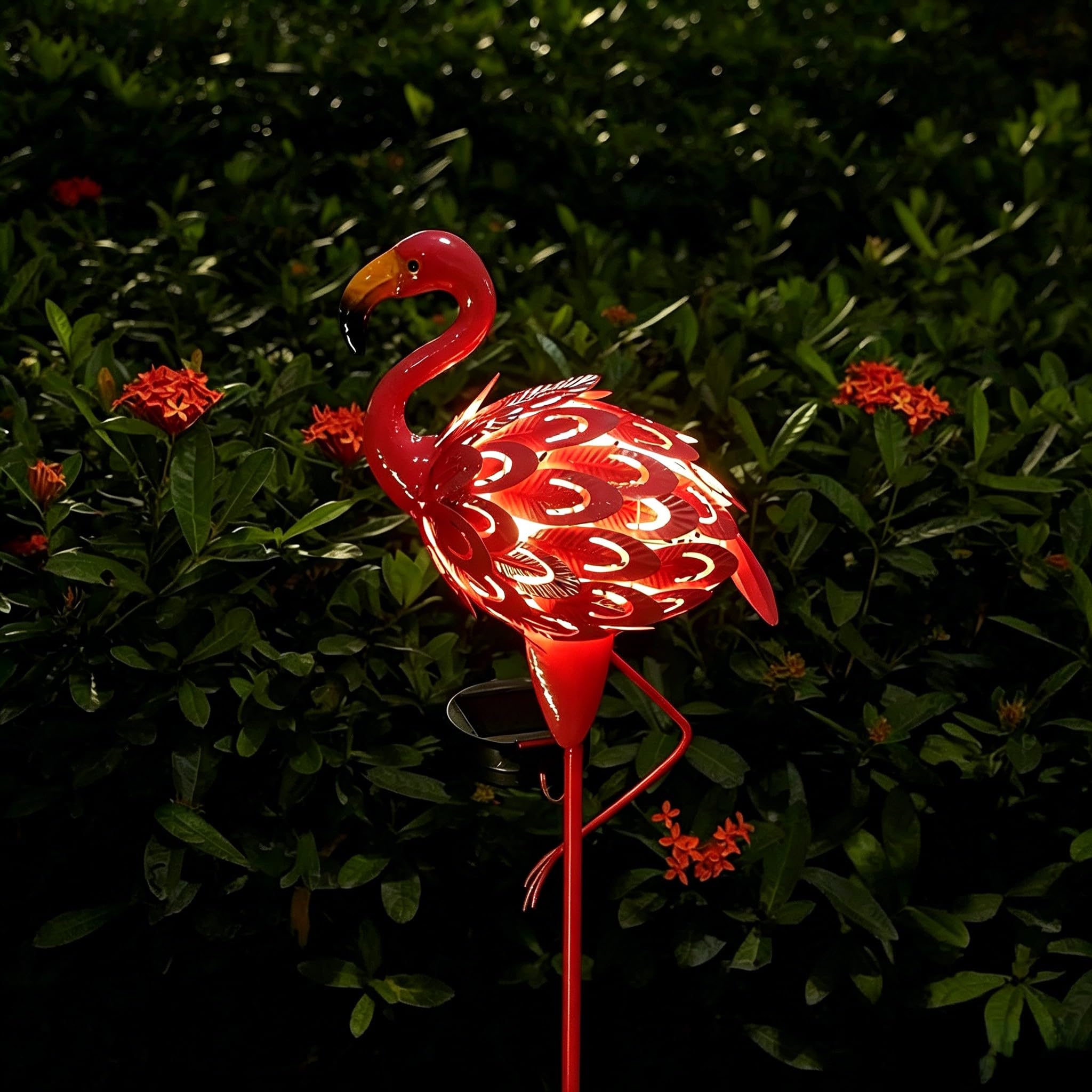 Lampade solari per esterni, fenicotteri, statuette da giardino, statuetta a energia solare, fenicottero, in metallo resistente alle intemperie, con supporto, fenicottero, per prato, cortile