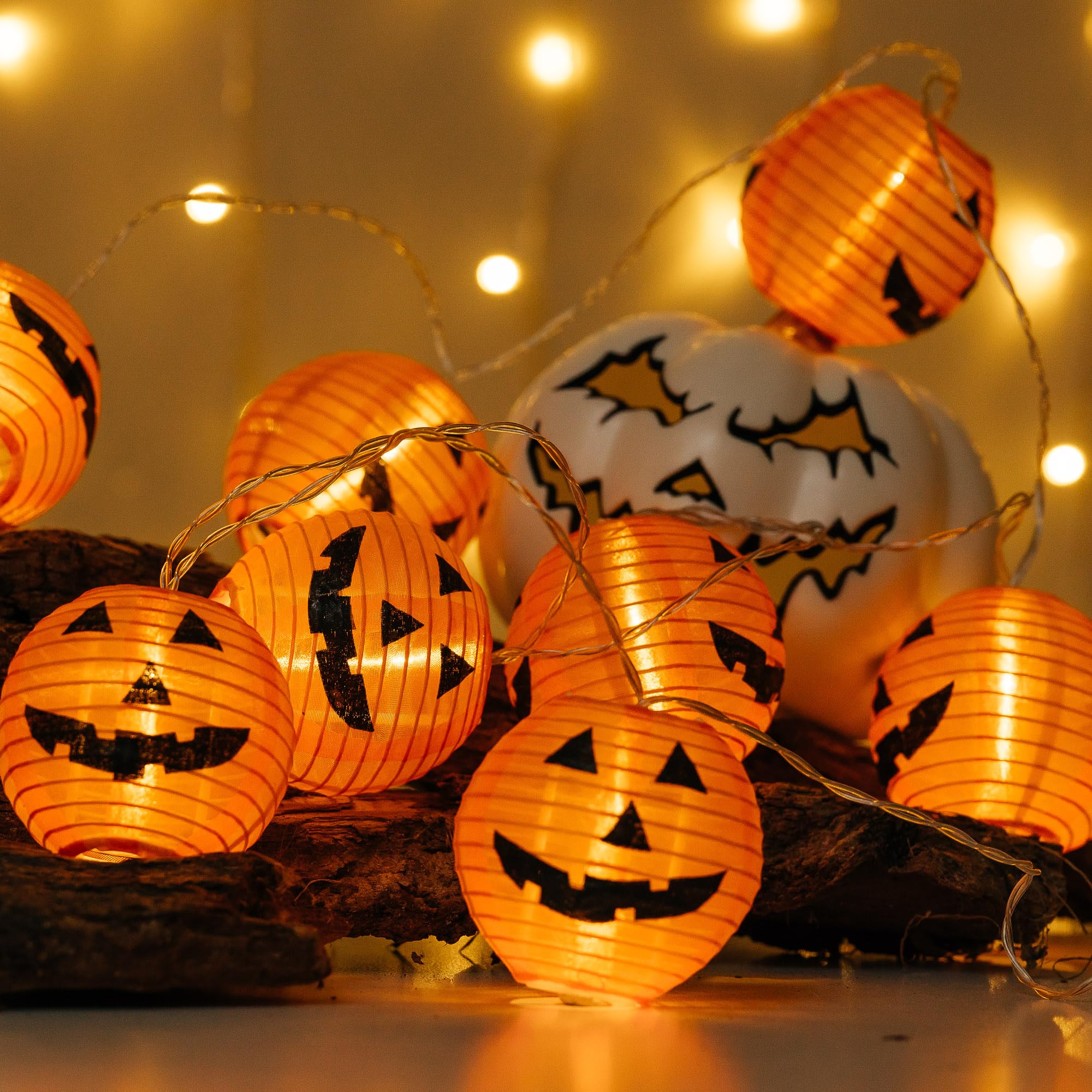 Lush Lights10 LED Pumpkin Lights - White LED's - Battery-Powered Halloween Spooky String Lights - Fabric Lantern Decor - Perfect for Halloween Ambiance - Ideal Living Room Bedroom Party Lighting