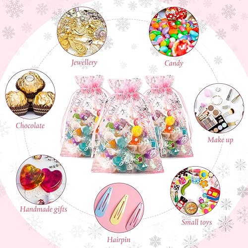 Miniatura 5 de Roowest 100 bolsas de regalo de organza rosa con copos de nieve de Navidad de 4 x 6 pulgadas, pequeñas bolsas de malla para joyas, mini bolsas de