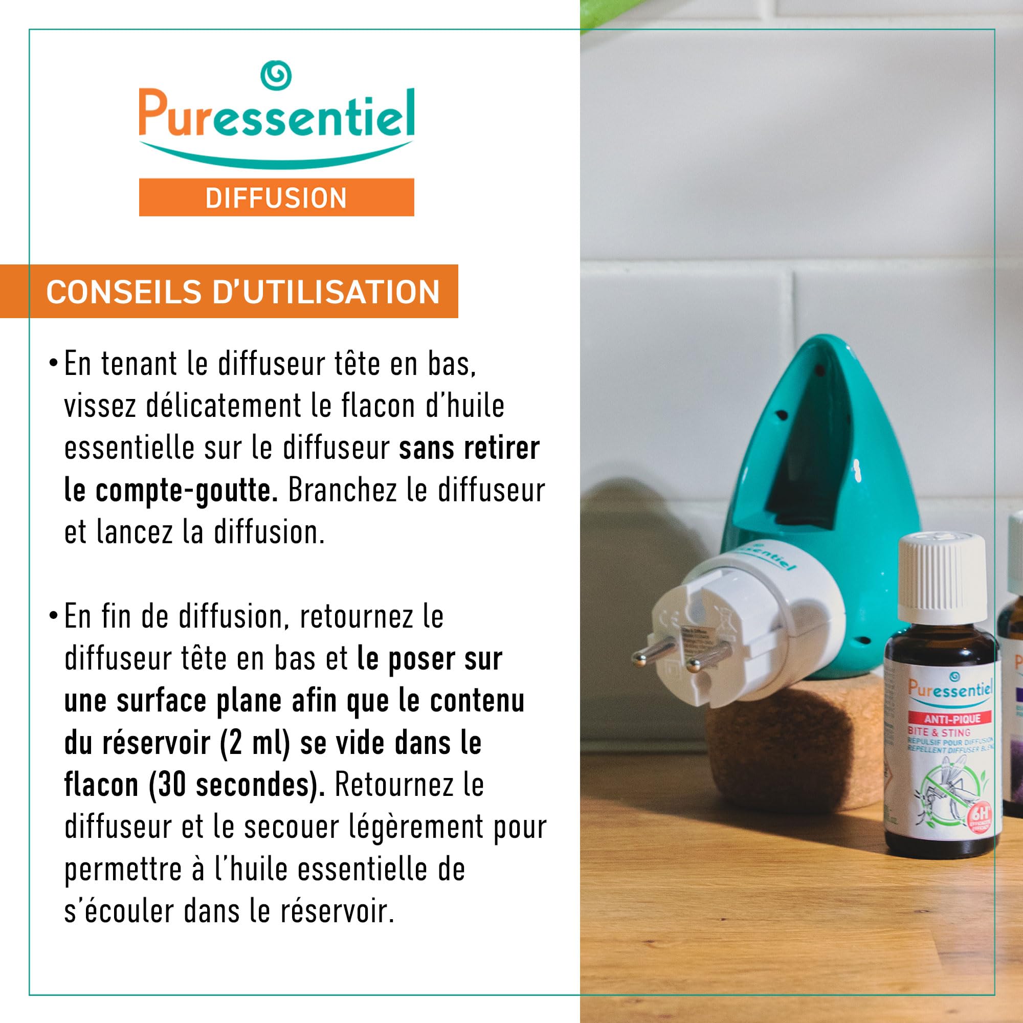 Puressentiel - Diffuseur d'huiles essentielles à ultrasons - Clip et diffuseur - Diffuseur d'aromathérapie Rotatif et à poignée silencieuse - sans Eau, LED,Blanc et Bleu