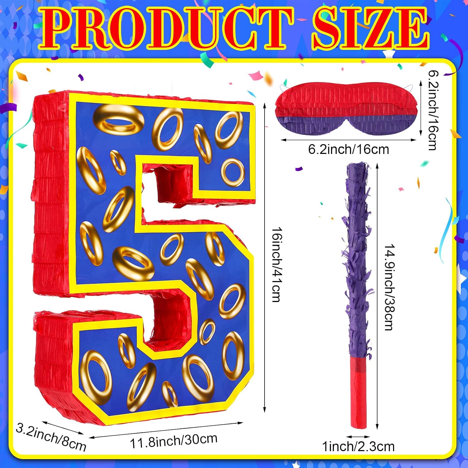 16 In Number 5 Blue Golden Rings Pinata Birthday Party Decorations | Blue Golden 5th Birthday Party Favor Supplies Fiesta Anniversary Celebration Birthday Pinata with Stick Blindfold Confetti