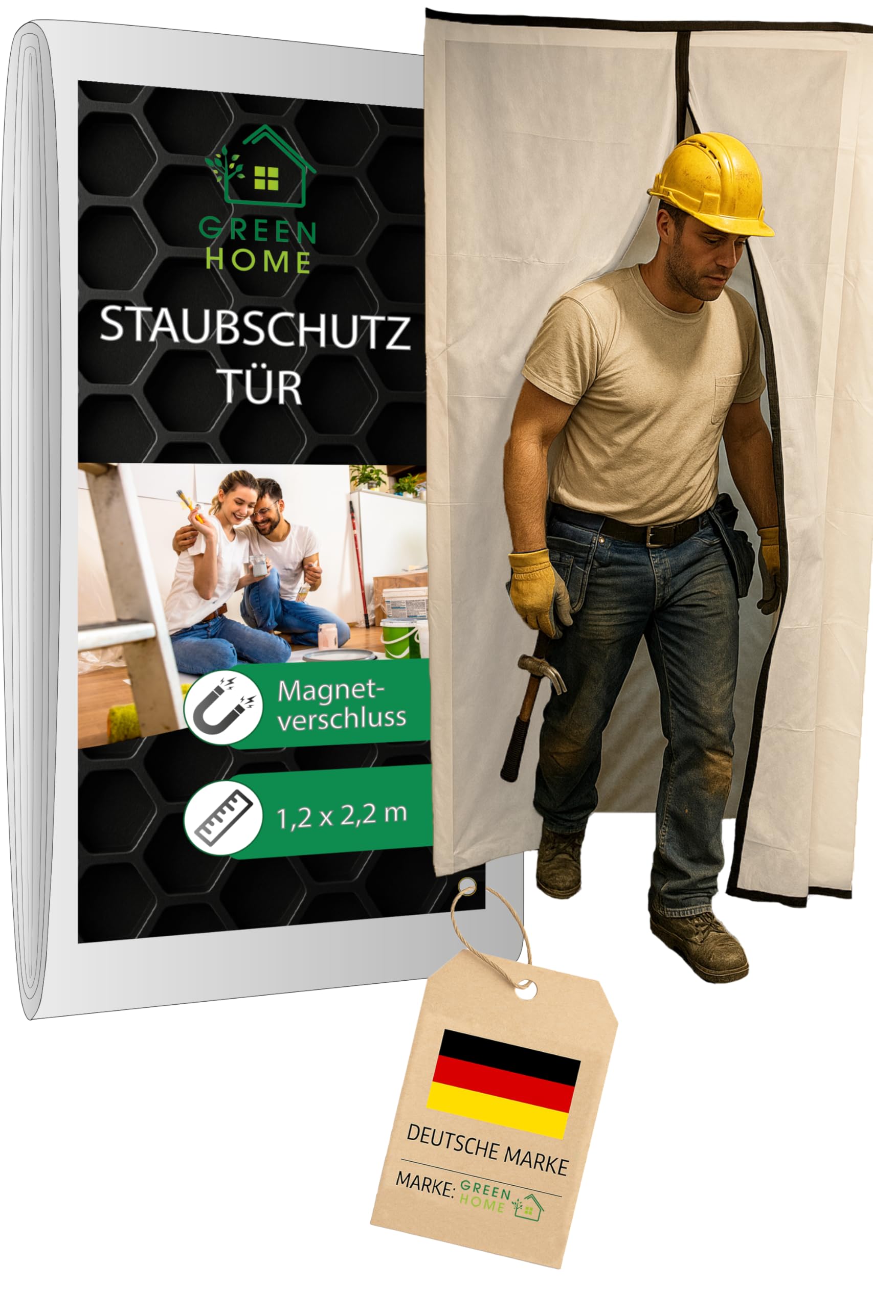 Staubschutztür Magnet Vlies | 120 x 220 cm | Magnetverschluss selbstschließend | Atmungsaktiv, wiederverwendbar | Robuster Staubschutz Renovierung Umbau inkl. Klebeband