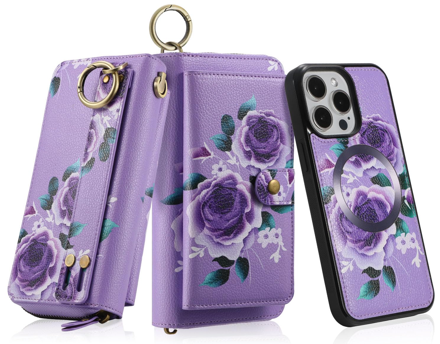 LITOU Compatible for iPhone 15 Pro Phone Case Wallet for Women Men?Wristlets Zipper Leather Wallet Flip Case?RFID Blocking Card Holder,Detachable Magnetic Cover Case.PF