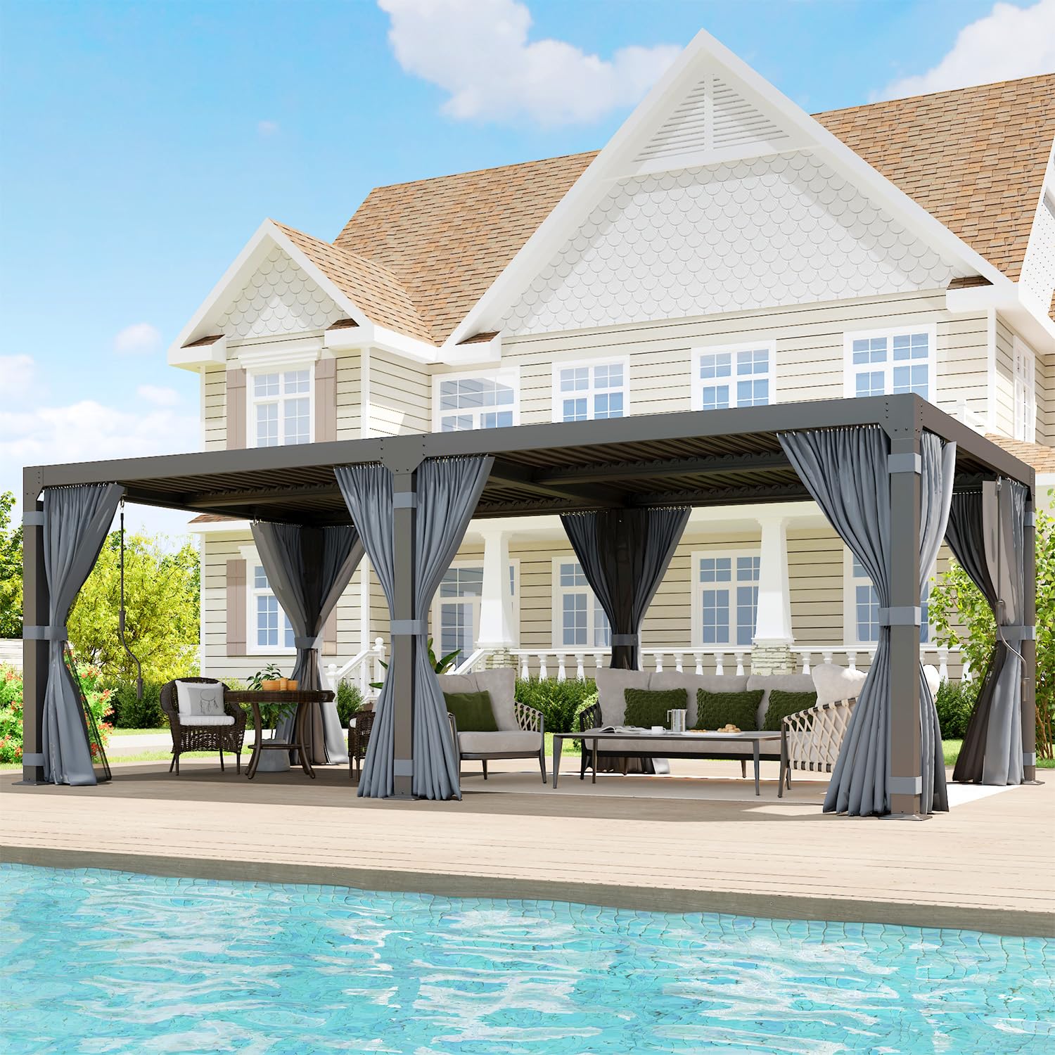 UPHYB Louvered Pergola 12x24ft, Adjustable Aluminum Pergola with Waterproof Curtains and Nets, Sun & Rain Shade for Patio, Modern DIY Outdoor Living Upgrade, Dark Grey