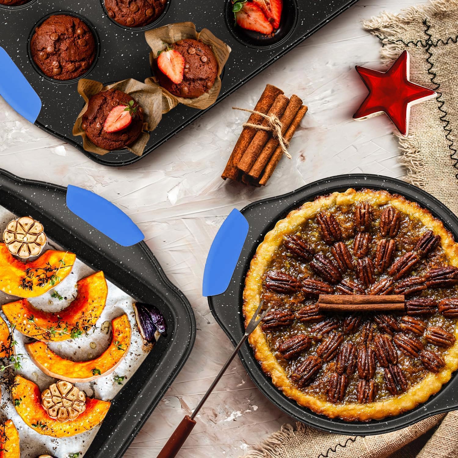 11-teiliges Antihaft-Backformen-Set, stapelbar & ofenfest, Küchen-Backformen mit Silikongriffen, inklusive Plätzchenblech, Kuchenform, Muffinform, Pizzastein und Brotkastenform, Dunkelgrün
