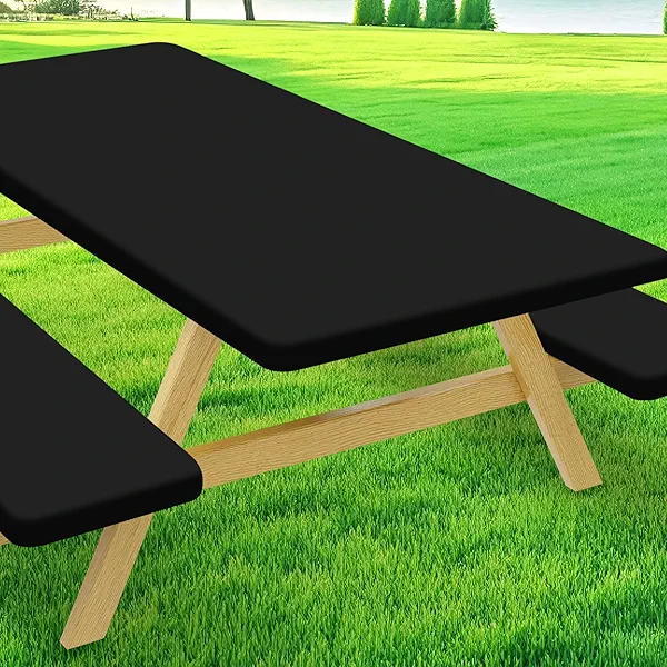 Moosfor Picnic Table Cover with Bench Covers, Elastic Fitted Spandex Tablecloths for 6 Foot Rectangle Tables, Stretch Washable Patio Tablecloth for Outdoor, Camping (Black, 30"x72")