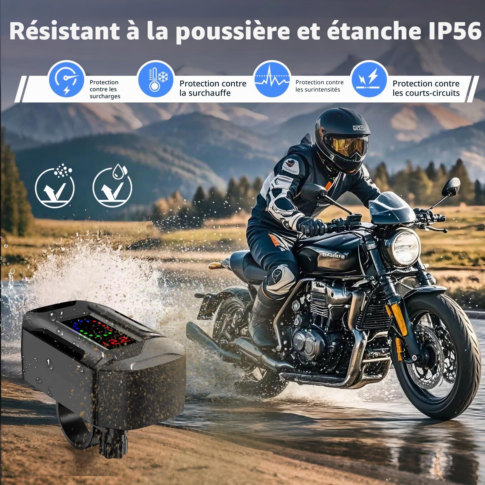 Prise USB Moto Etanche avec Un câble de Charge Rapide rétractable de Type C de 70 CM de Long, 3 en 1 Prise USB C pour Moto avec Interrupteur et voltmètre LED pour SUV Marin Bateaux (Black)