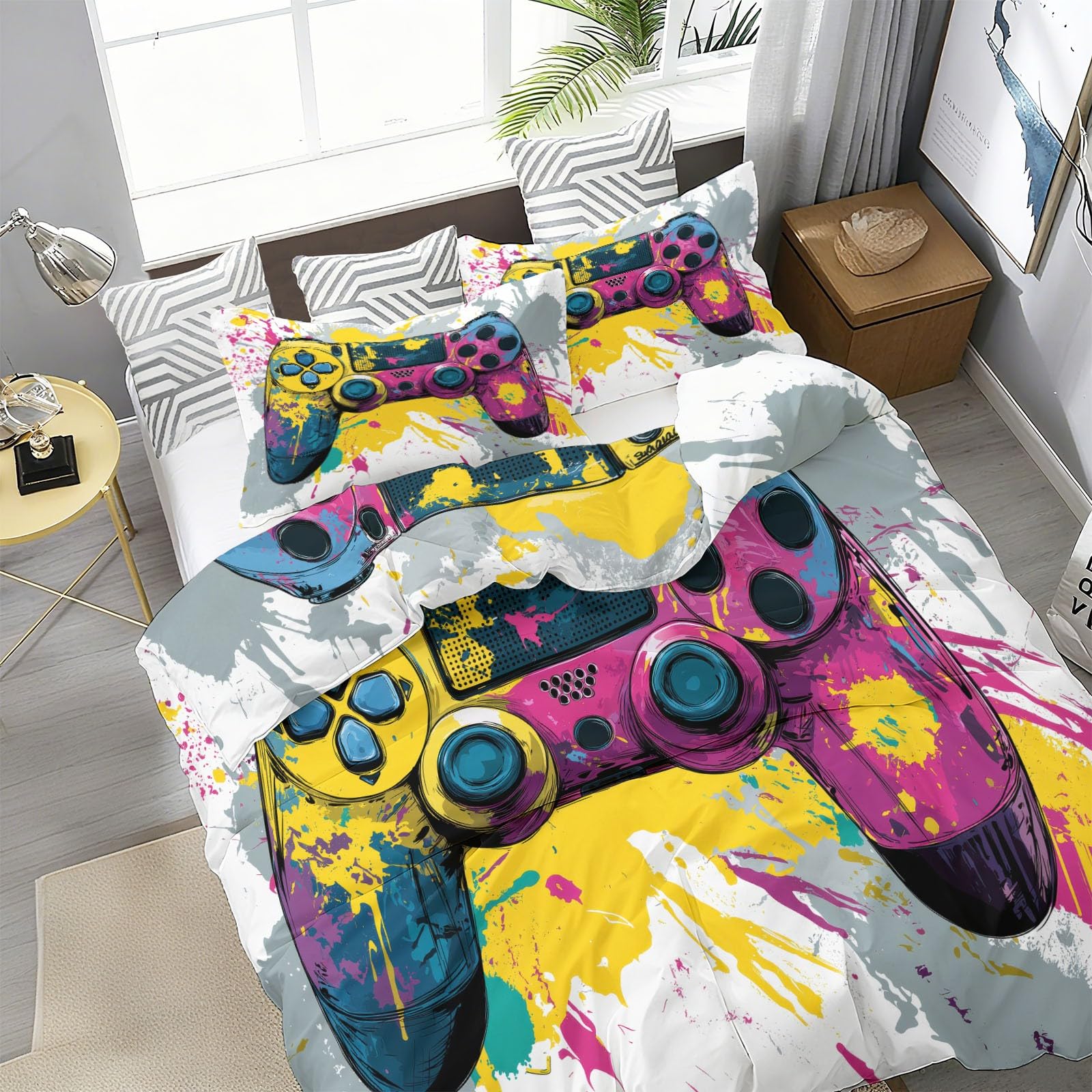 Controller Per Videogiochi Arte Cartoni Animati Set Copripiumino Matrimoniale 180x220cm,con 2 federe,Parure Copripiumino Microfibra con Stampa Digitale,Colorato Biancheria da Letto Decorativo
